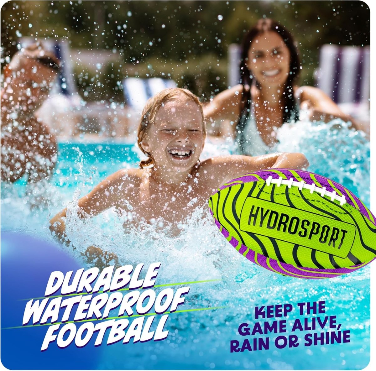 Durable waterproof water football ball in bright green and purple floating in pool with smiling kids
