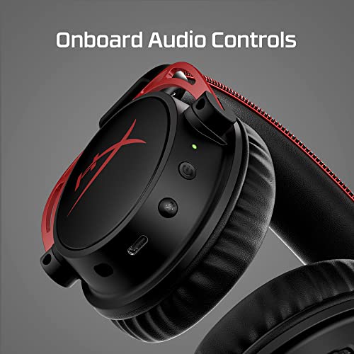 Close-up of HyperX Cloud Alpha gaming headset showcasing onboard audio controls and red accents