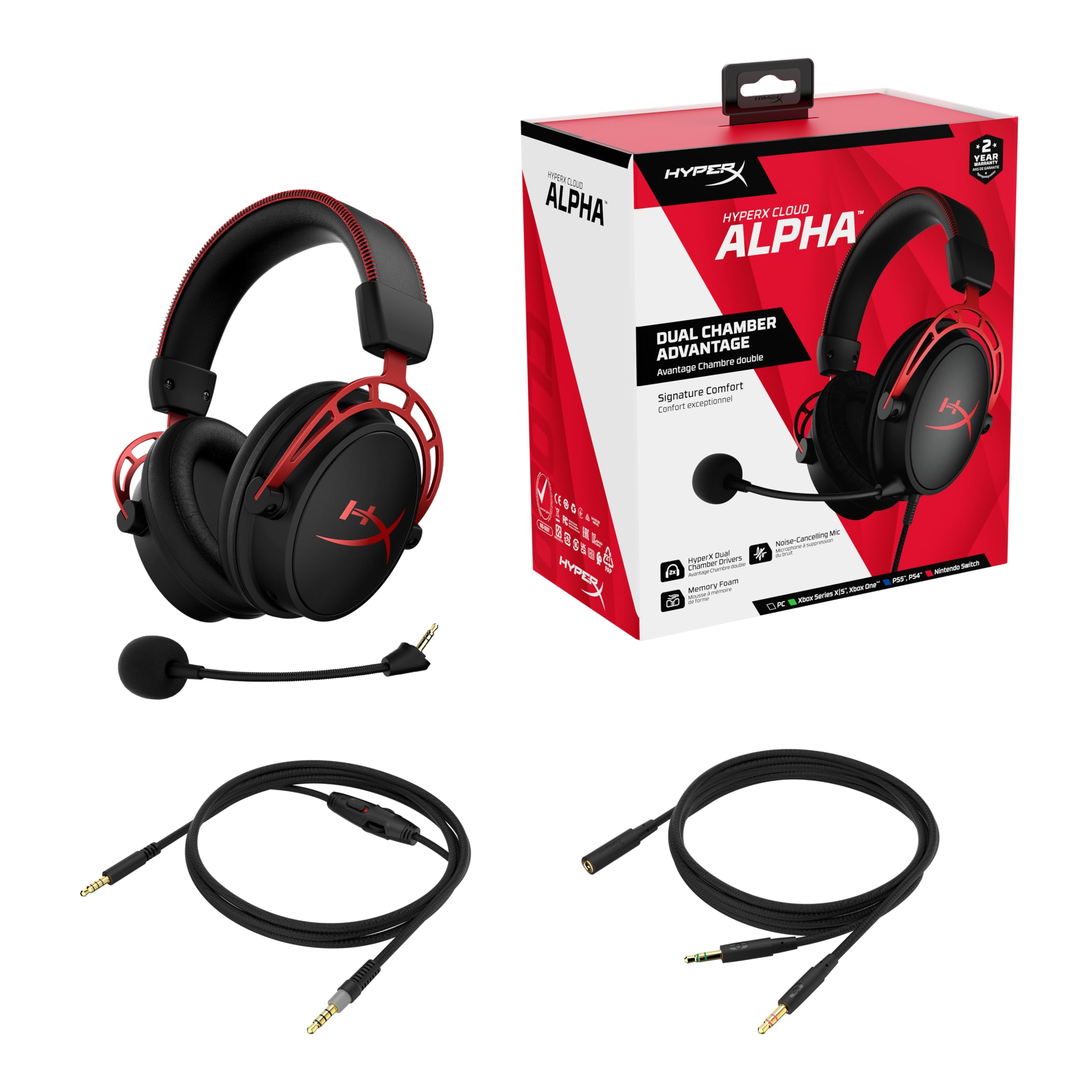 HyperX Cloud Alpha gaming headset with detachable microphone and dual audio cables in black and red