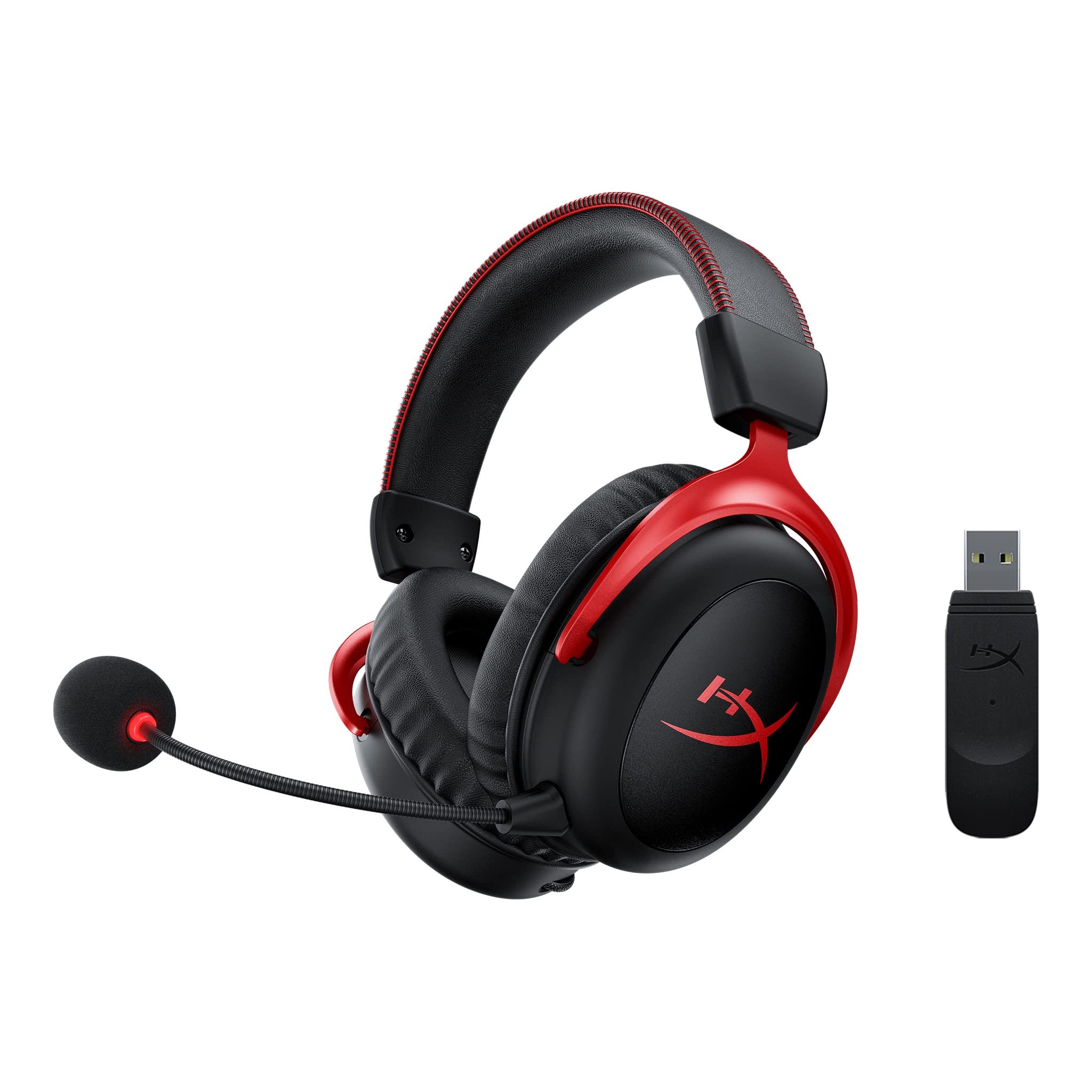 HyperX Cloud II gaming headset in black and red with detachable microphone and wireless USB adapter