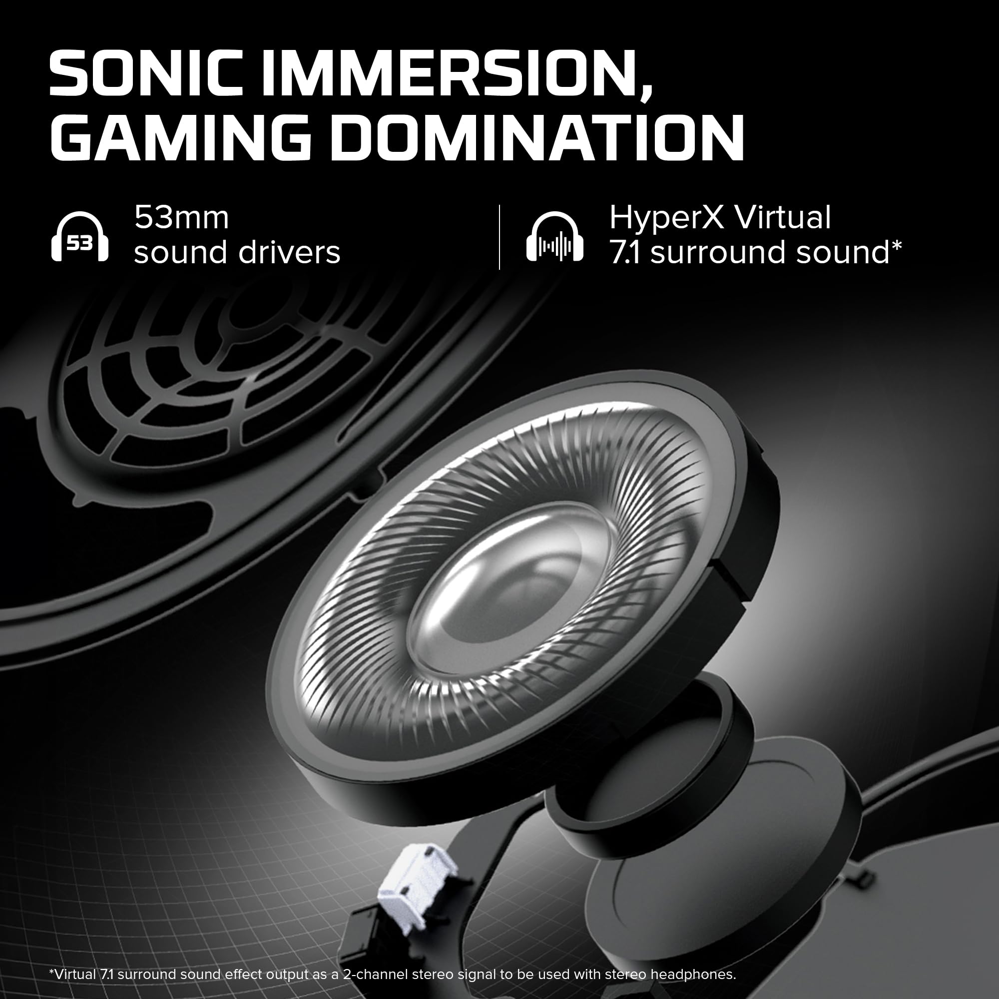 Close-up of HyperX Cloud II gaming headset 53mm sound drivers with virtual 7.1 surround sound feature