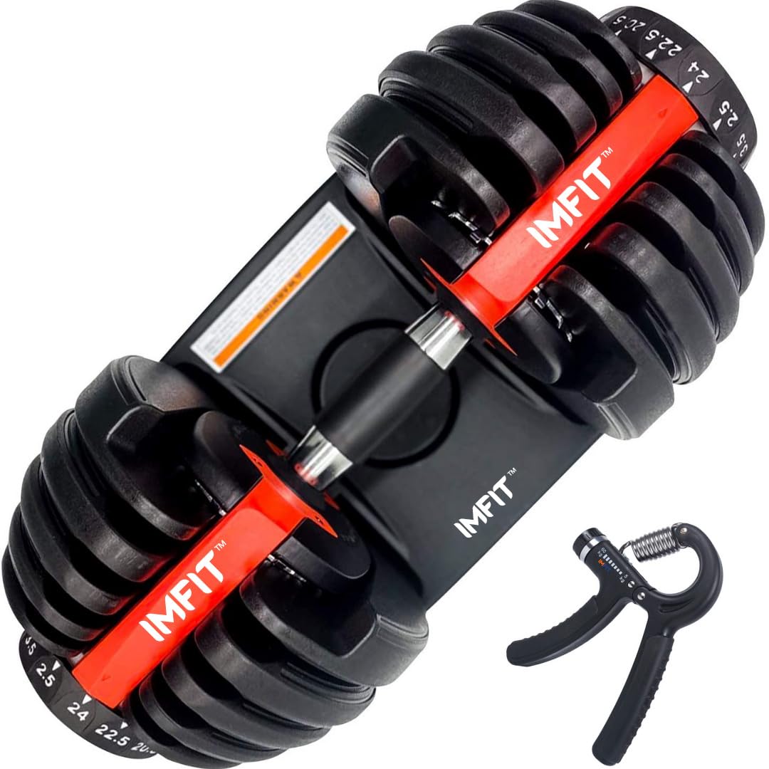 IMFIT adjustable dumbbells set with black weight plates and red handle grips on a black stand