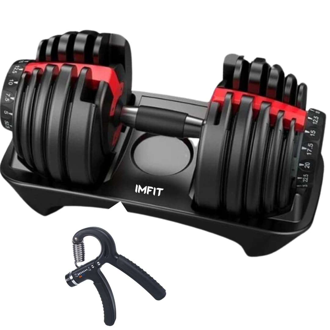 IMFIT adjustable dumbbells set with black and red plates and included hand grip strengthener