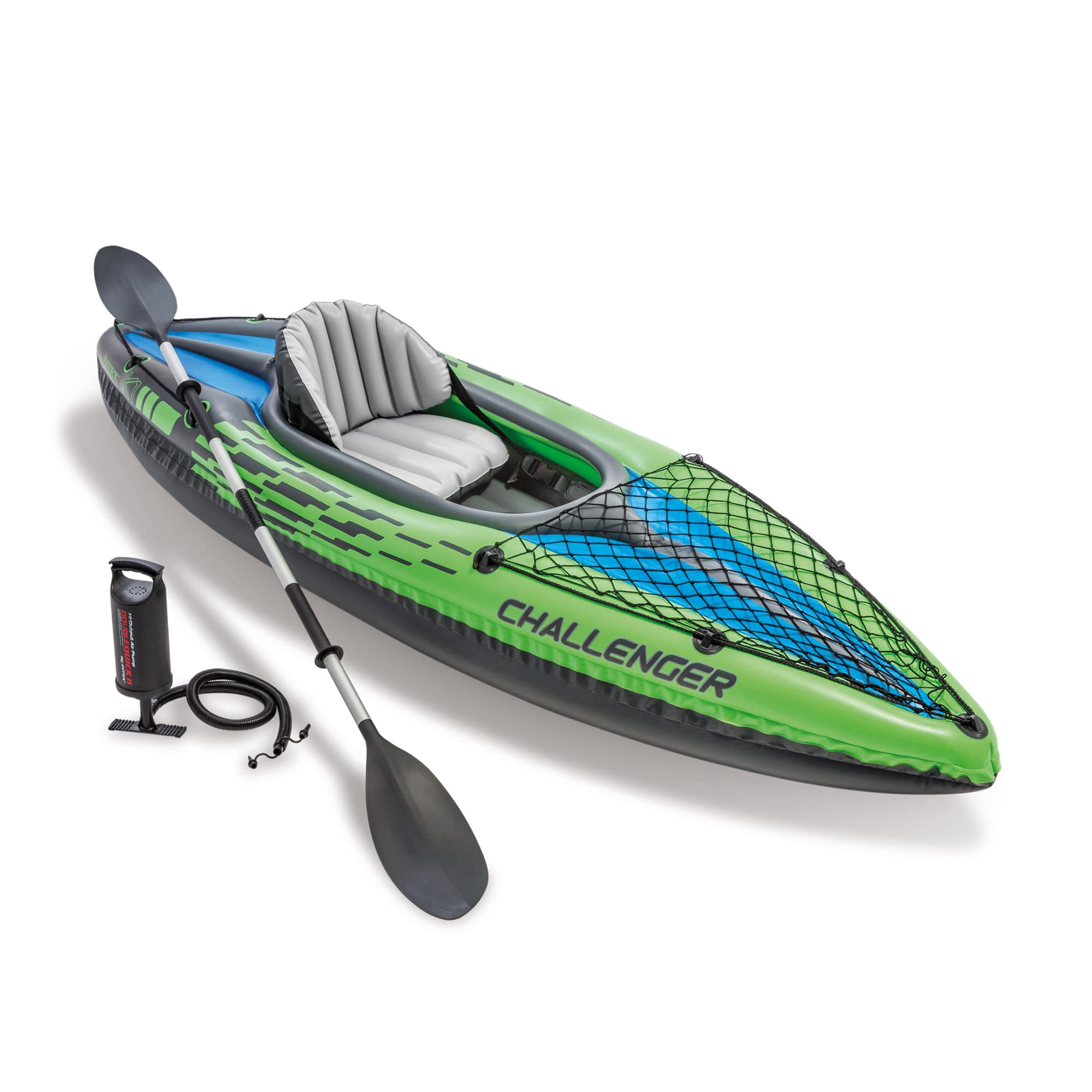Green and blue Intex Challenger inflatable kayak with paddle, seat, and hand pump included