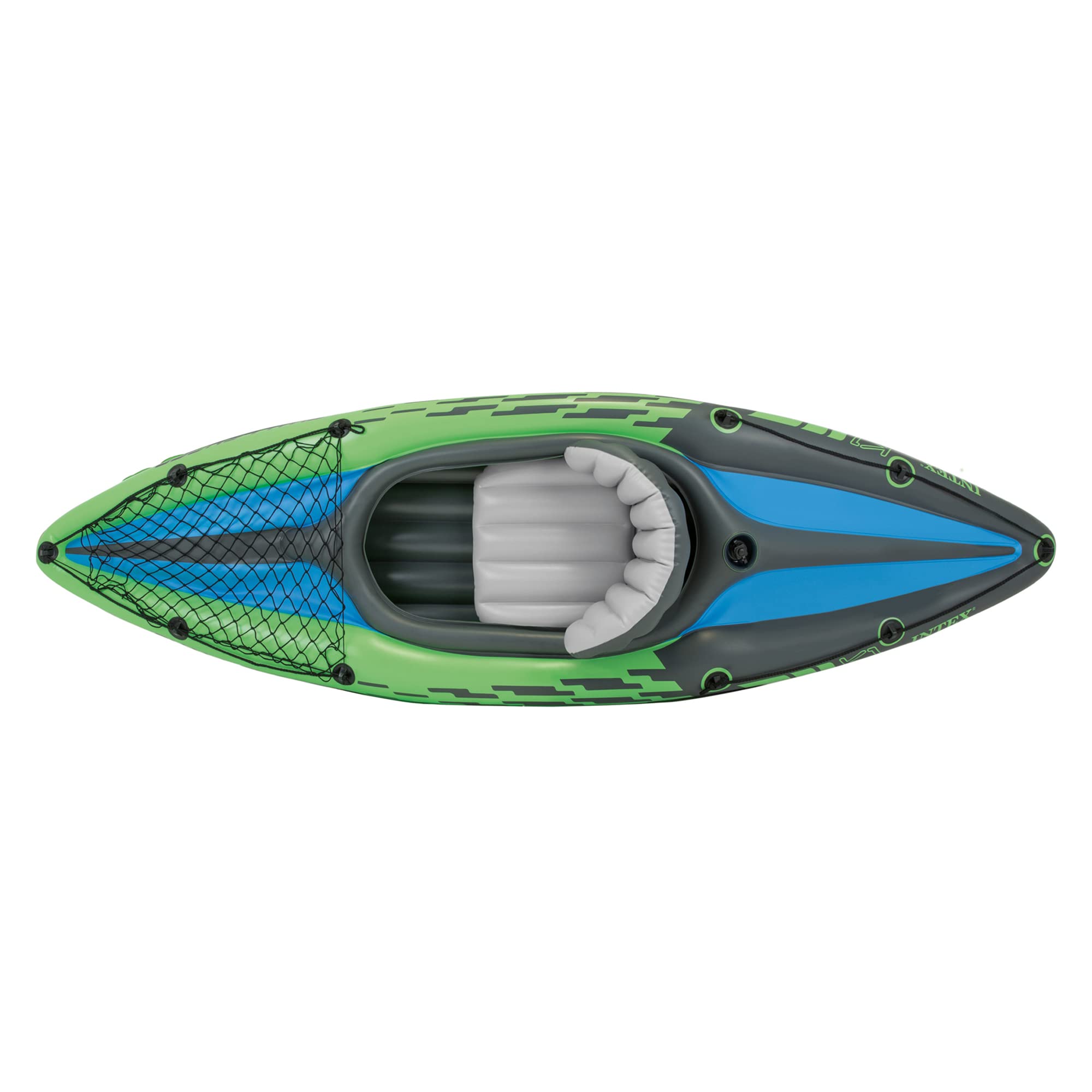 Intex Challenger inflatable kayak in green and blue with padded seating and front storage net