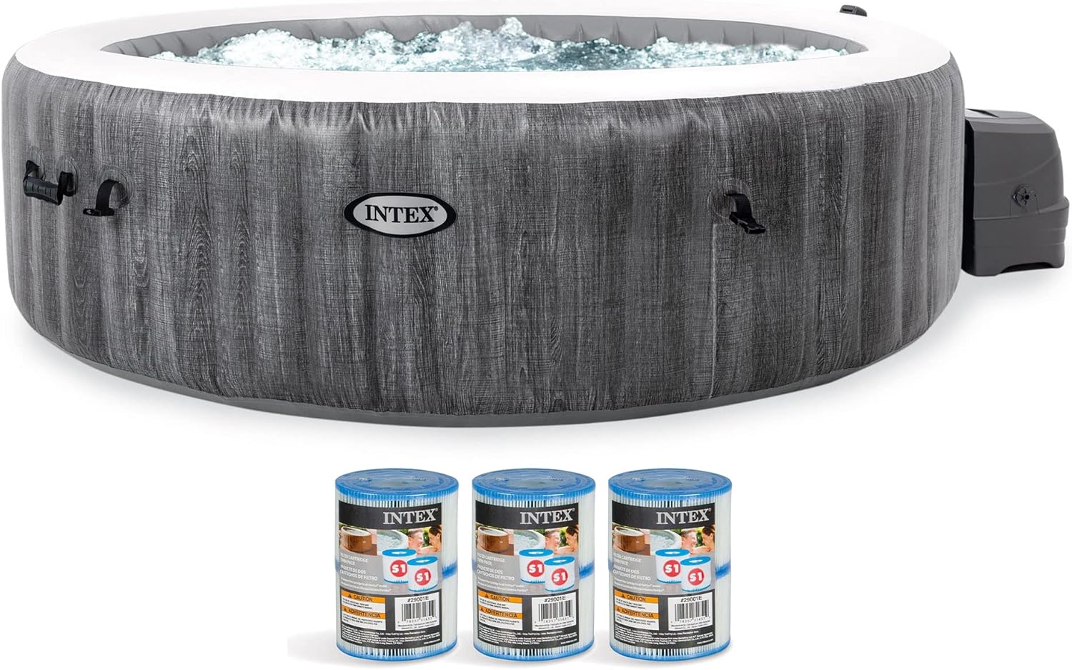 Intex outdoor inflatable hot tub in gray wood pattern with water jets and three filter cartridges