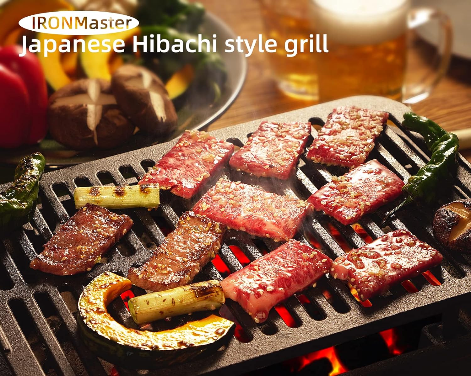 Portable cast iron bbq grill with Japanese hibachi style cooking beef and vegetables