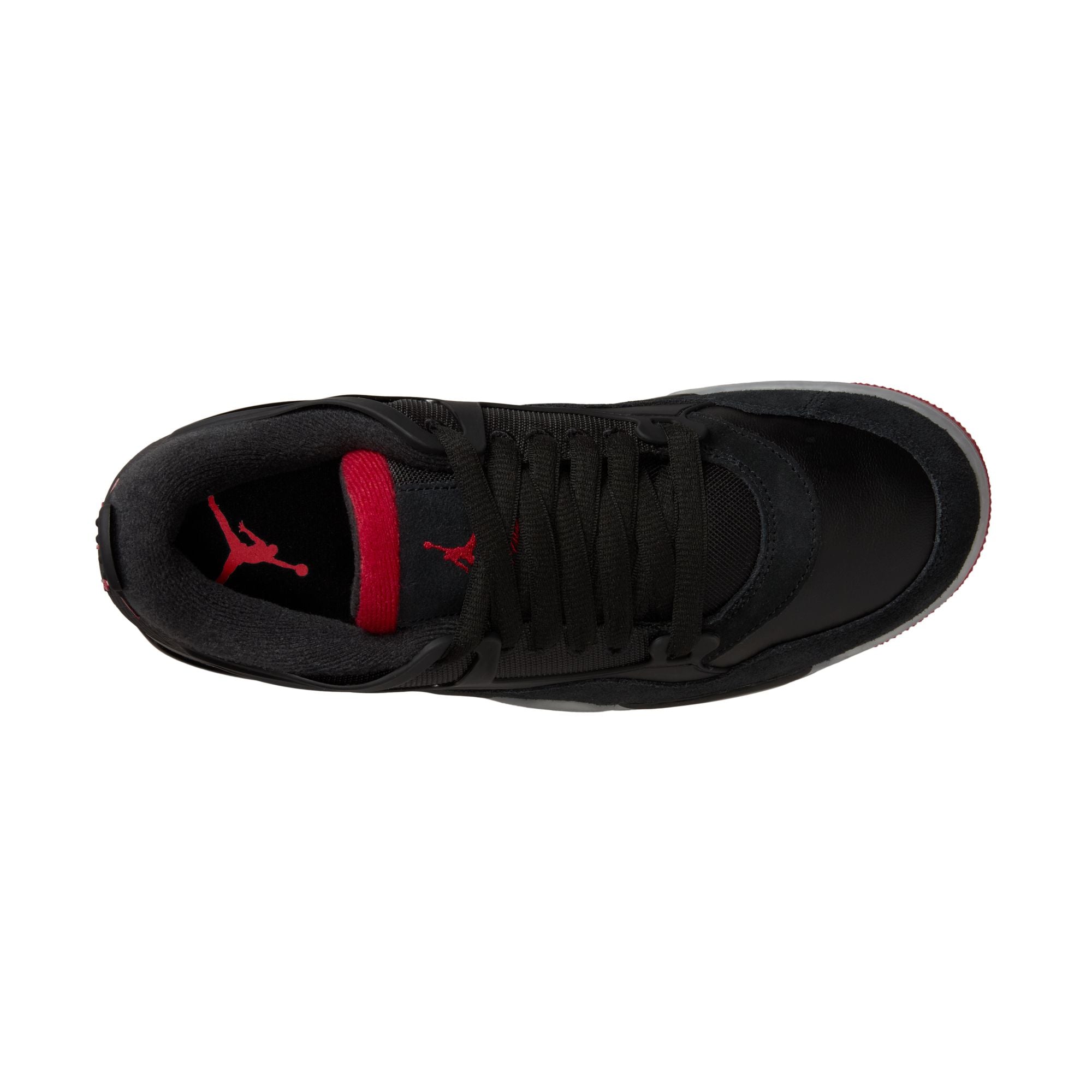 Top view of BB Branded Air Jordan 4 RM men's sneakers in black with red accents and sleek design