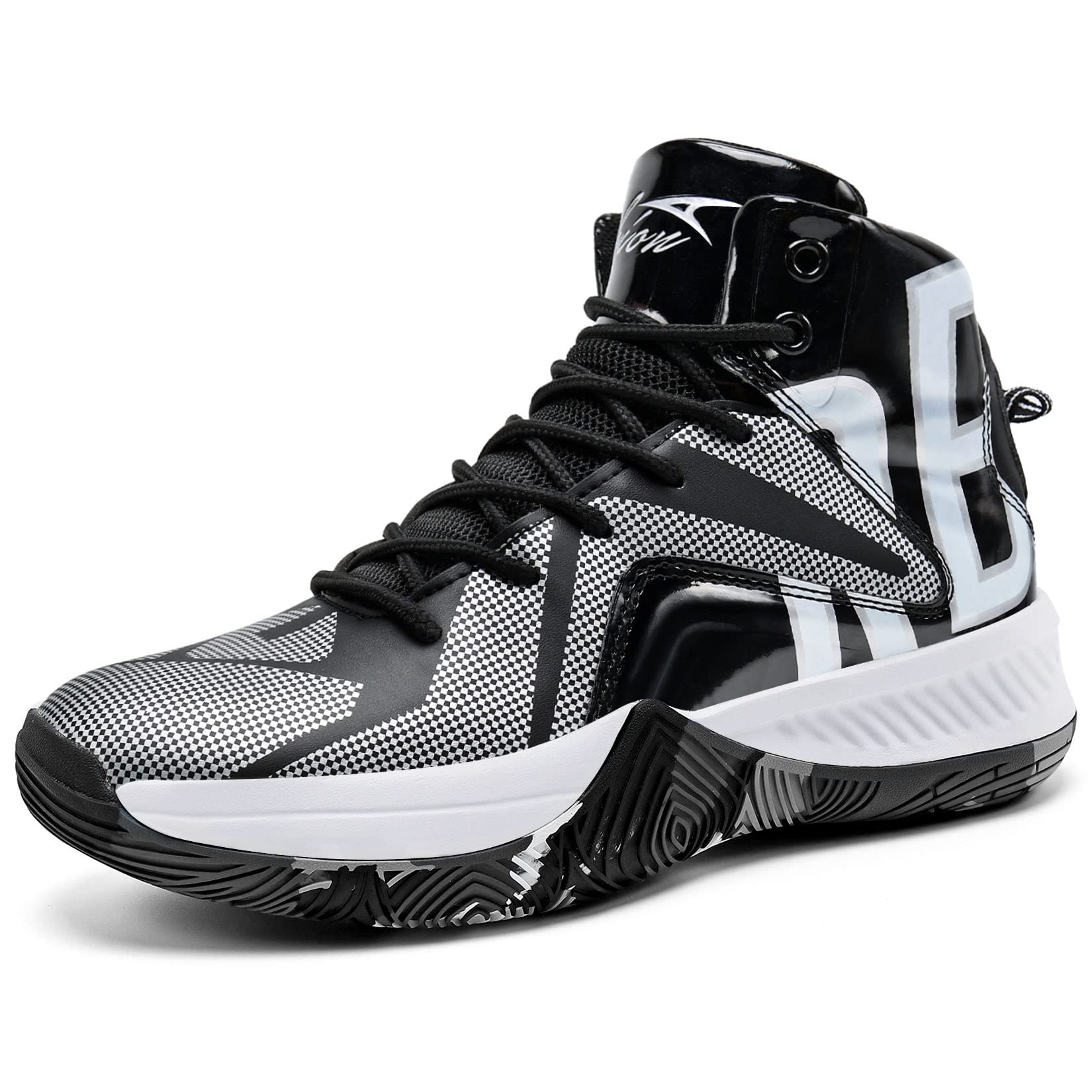 Craques black and white kids high-top basketball shoes with lace-up design and patterned sole