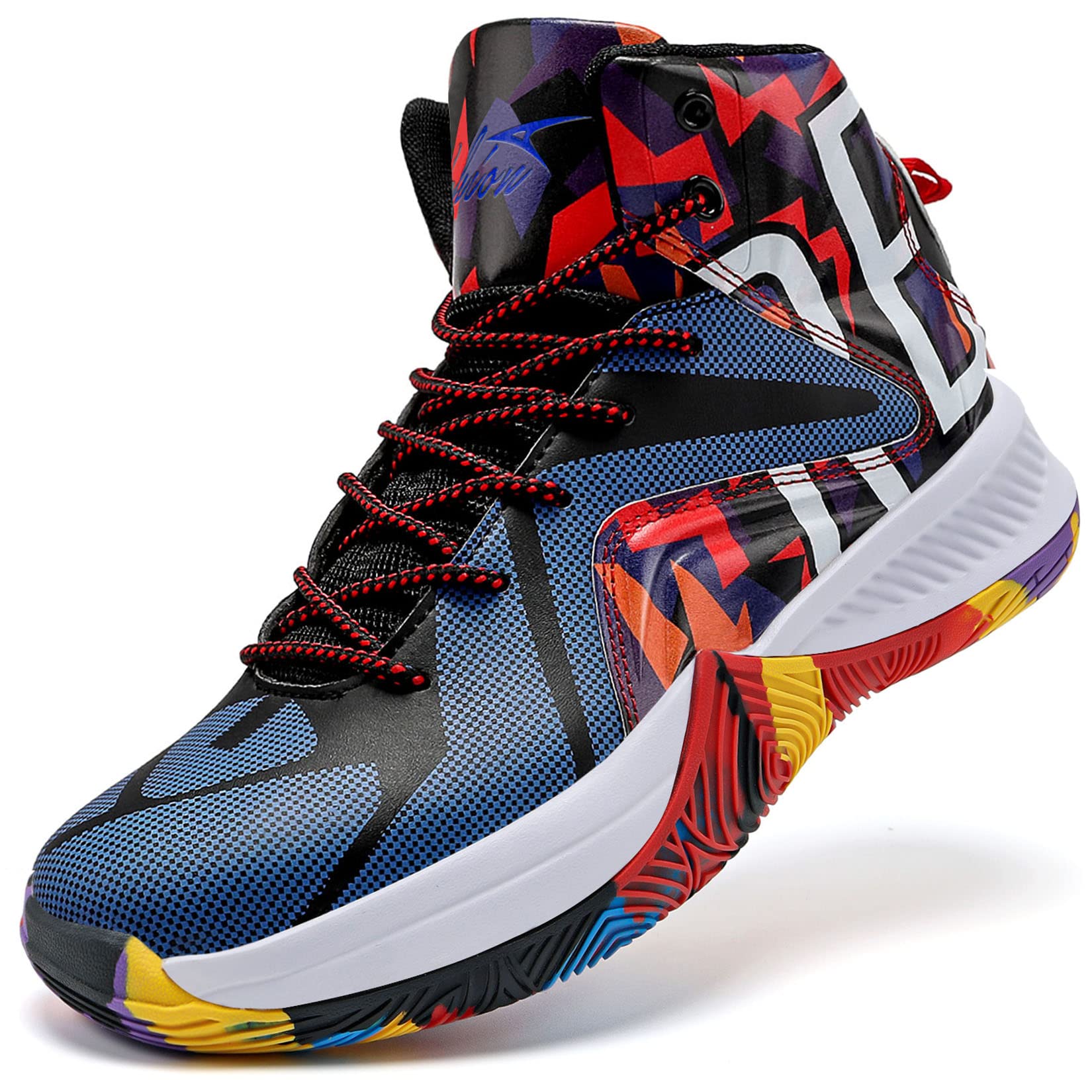 craques colorful kids high-top basketball shoes with vibrant geometric patterns and multicolor sole