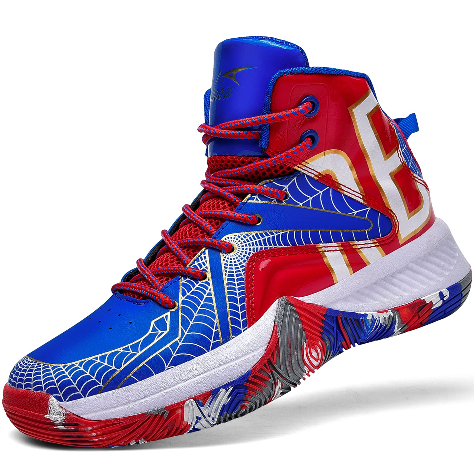 Craques kids high-top basketball shoes in red and blue with spider web design and patterned sole