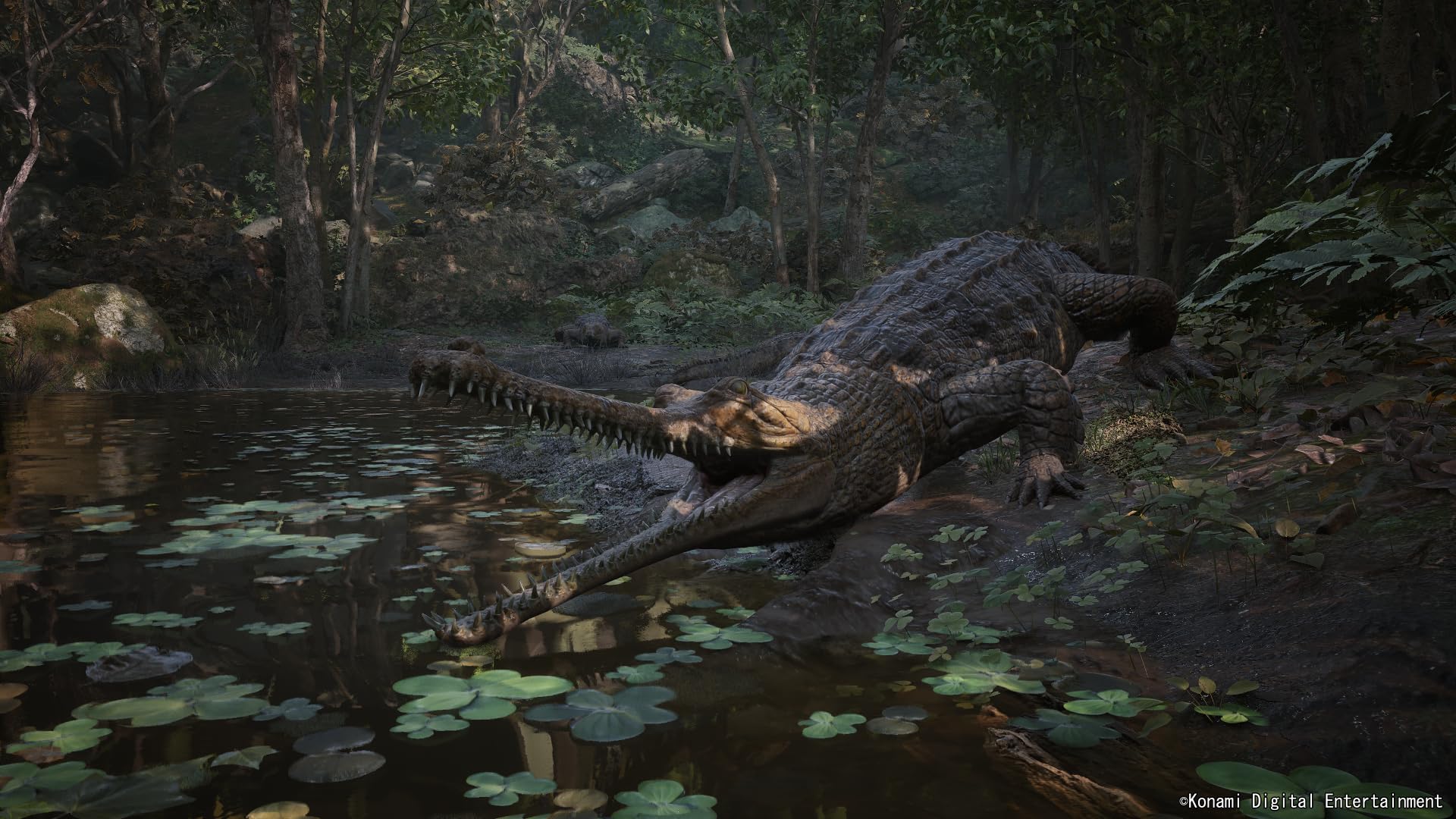 Metal Gear Solid Delta Snake Eater Xbox Series X featuring a realistic crocodile in a jungle pond with dense foliage