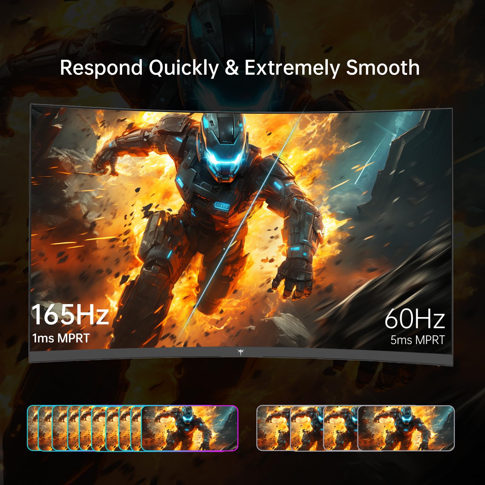 KTC 24 inch gaming monitor showing a side-by-side comparison of 165Hz 1ms MPRT and 60Hz 5ms MPRT refresh rates