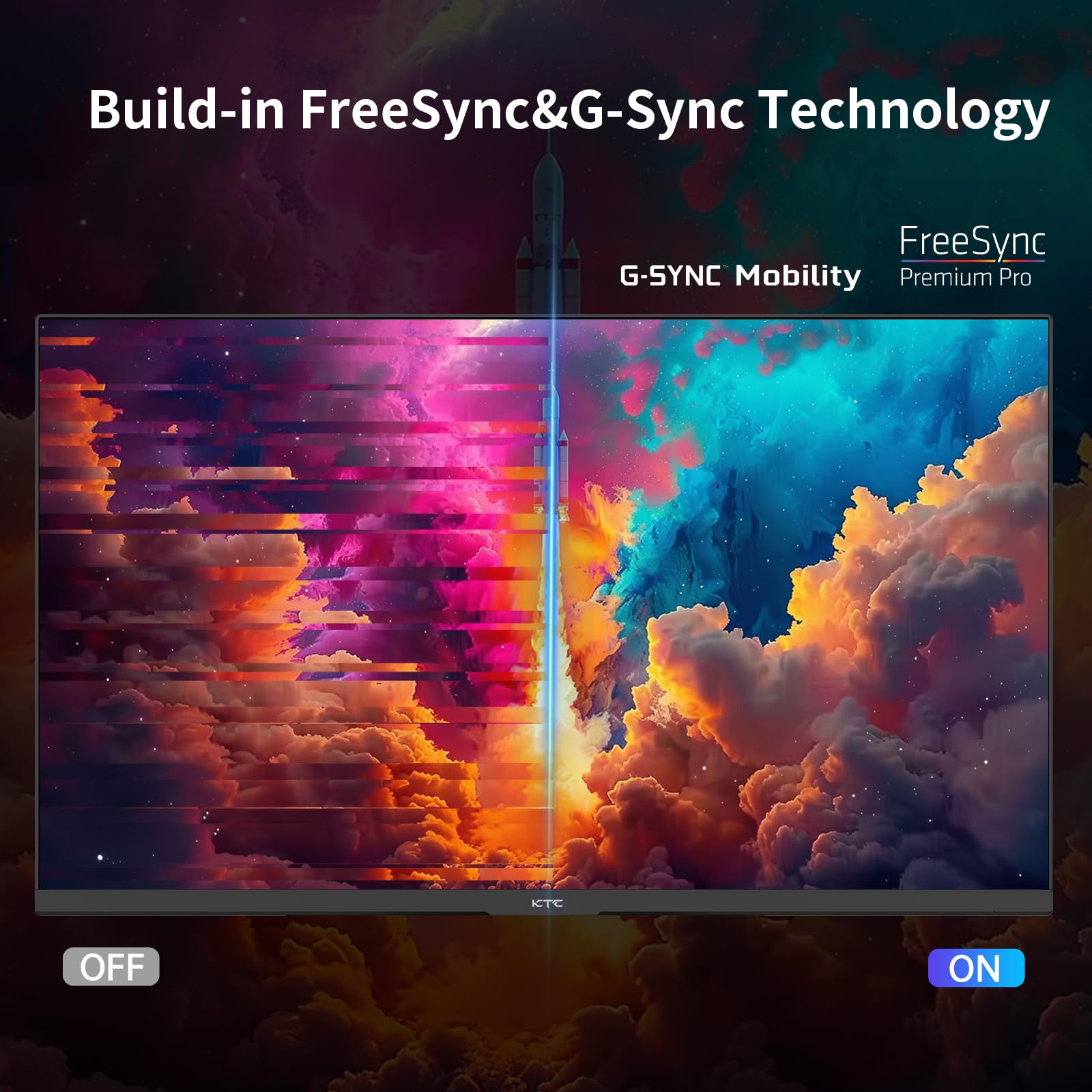 KTC 24 inch gaming monitor demonstrating built-in FreeSync and G-Sync technology with vibrant colorful display