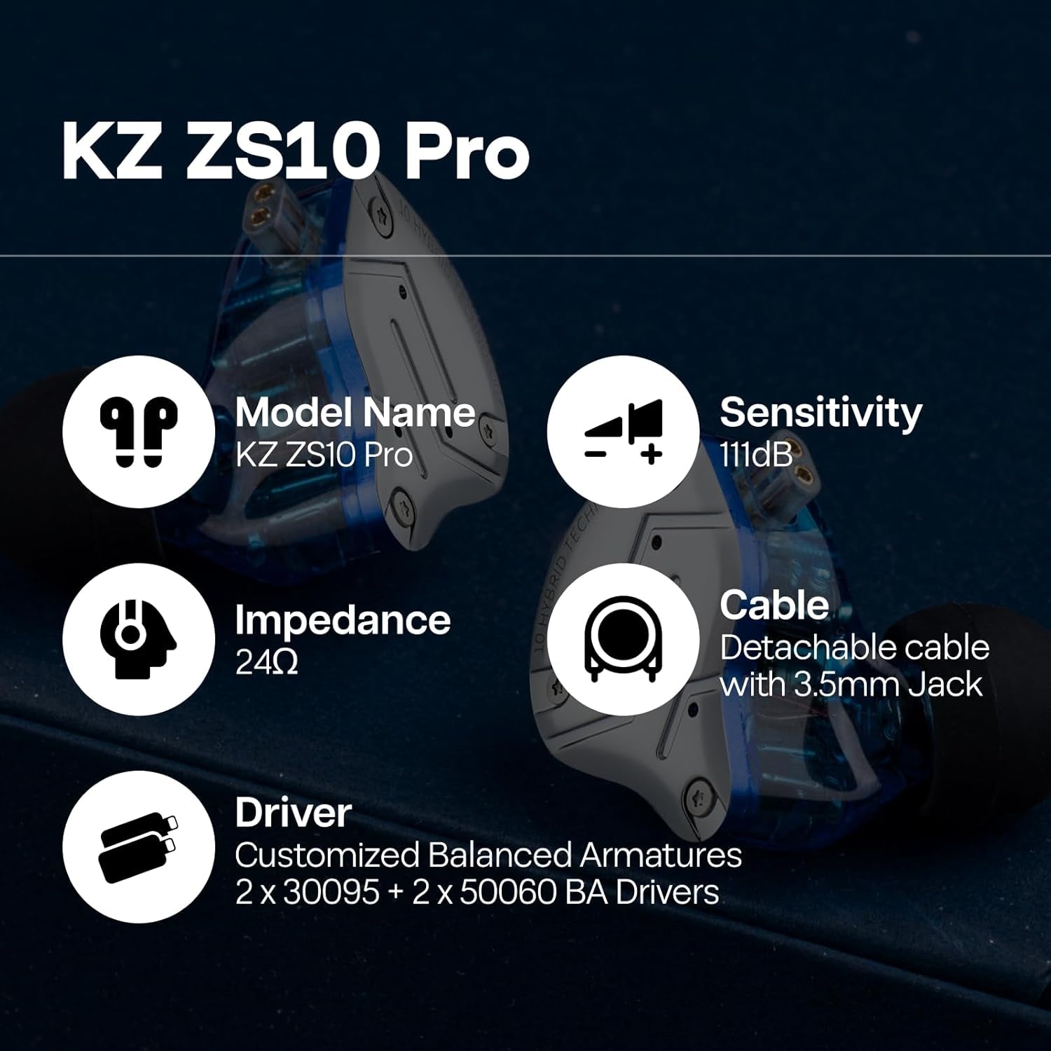 KZ ZS10 Pro hybrid in ear monitors for musicians with balanced armature drivers and detachable cable