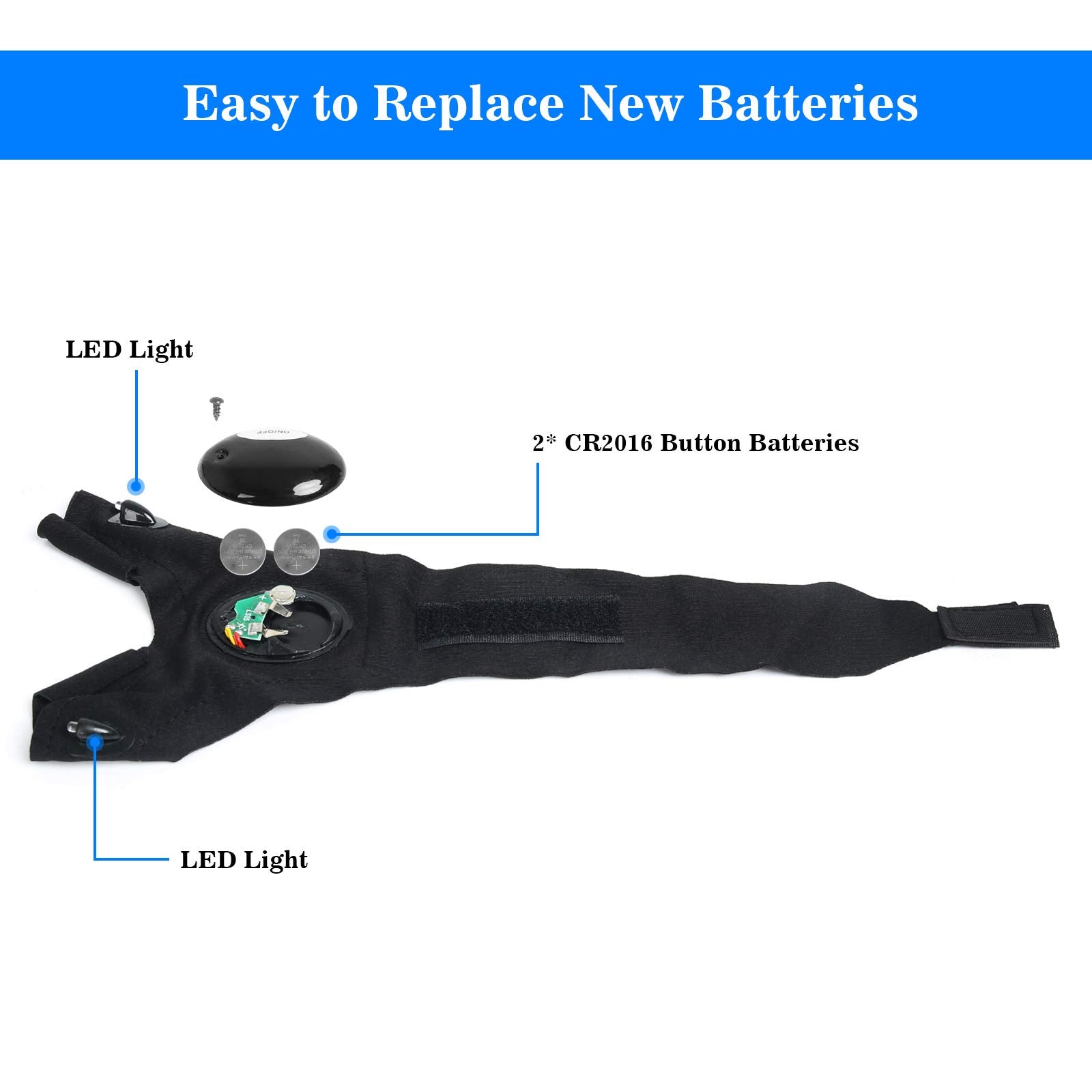 Black LED flashlight gloves for dad showing easy battery replacement with CR2016 button batteries