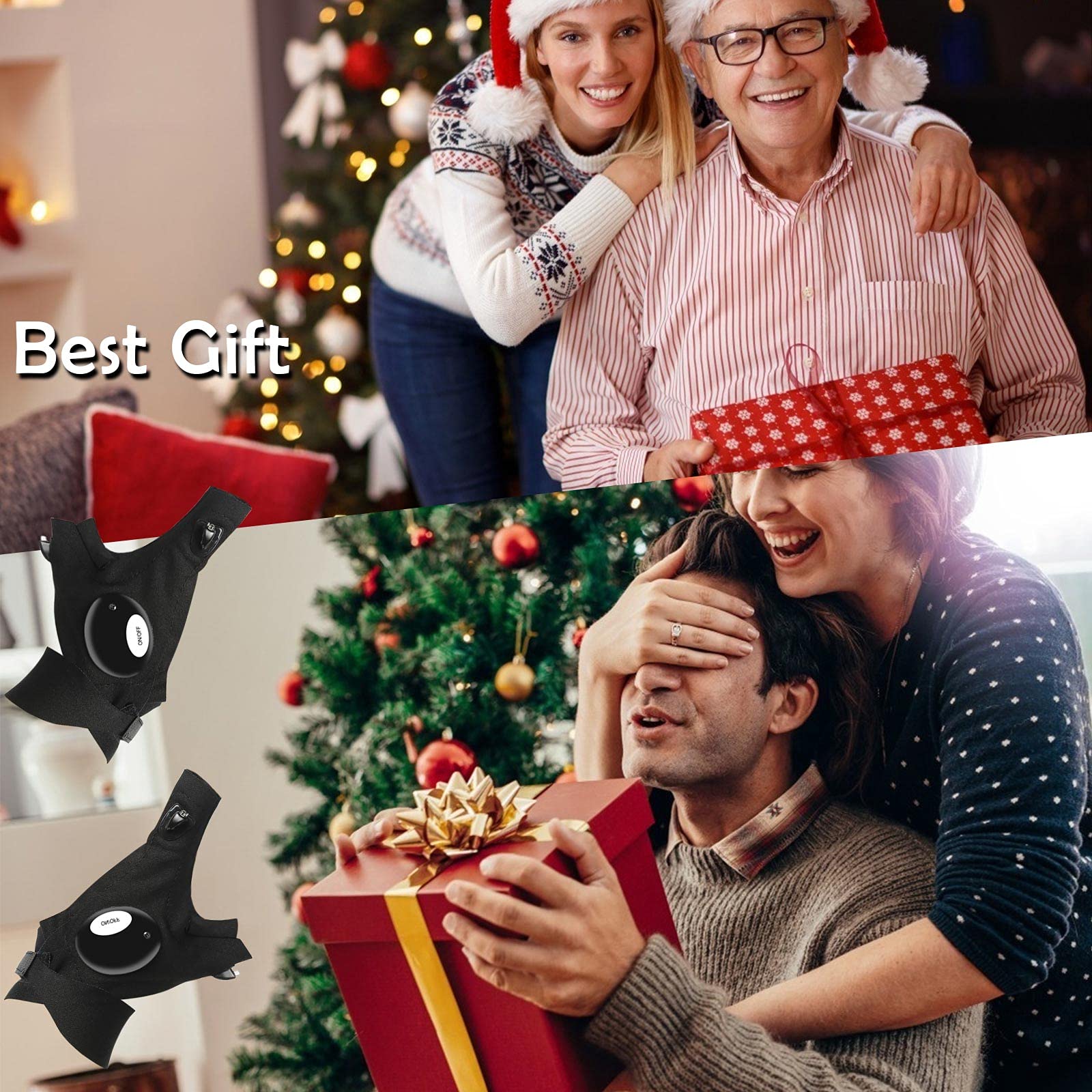 LED flashlight gloves for dad shown in black with bright LED lights, perfect holiday gift for hands-free lighting