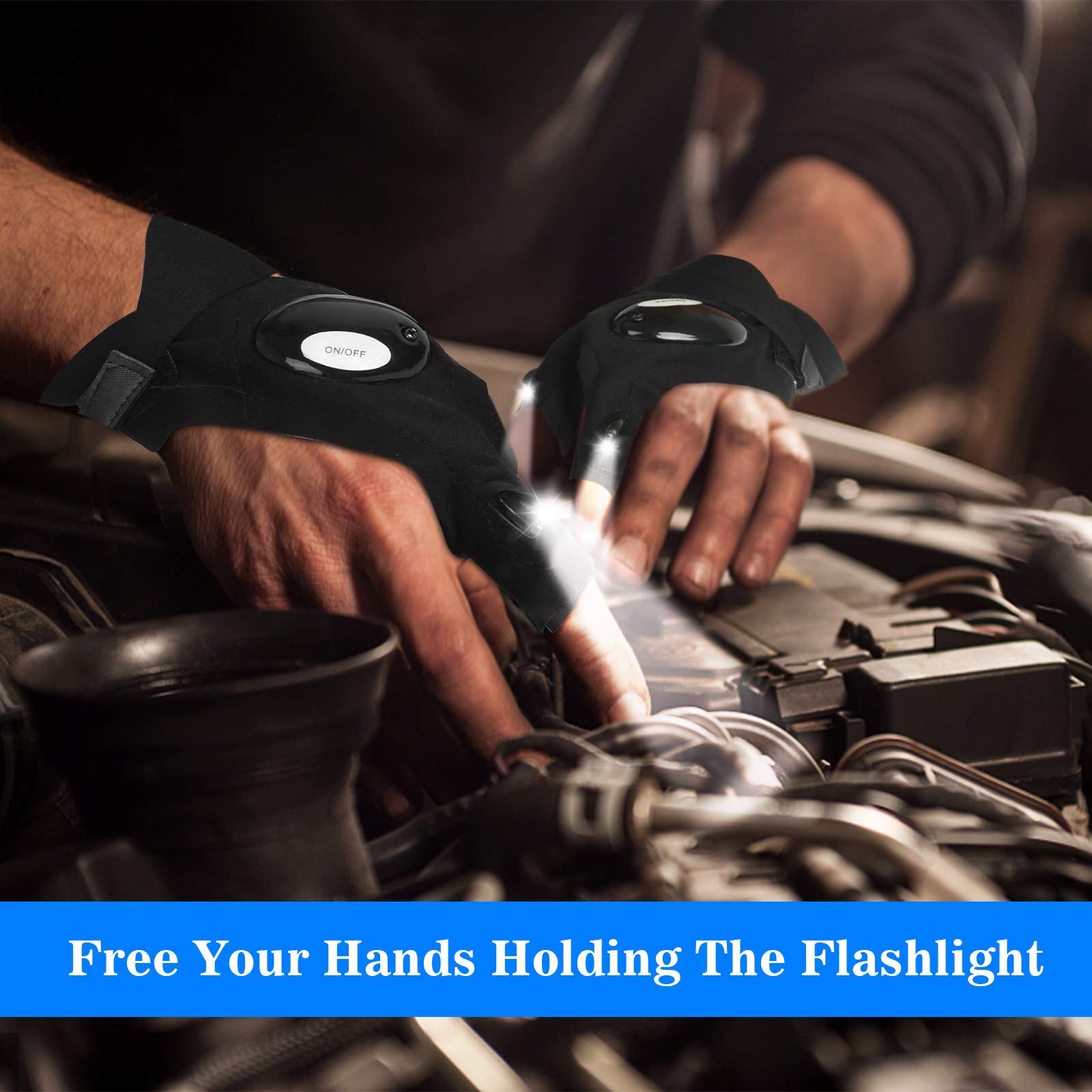 LED flashlight gloves for dad shining light on car engine while hands work on repairs