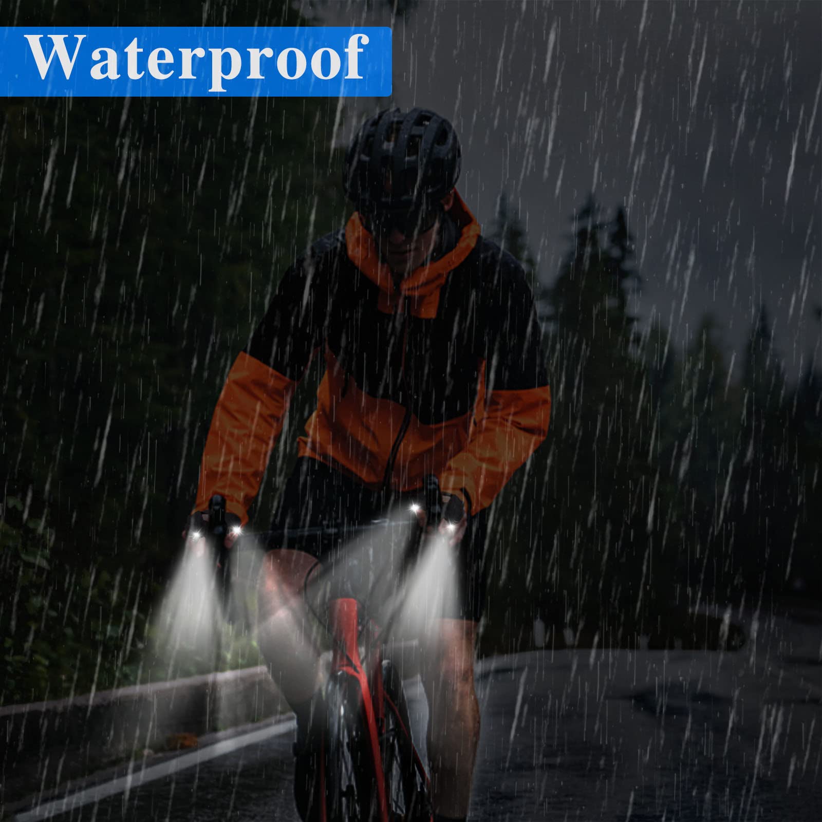 Waterproof LED flashlight gloves for dad worn by cyclist riding bike in heavy rain at night