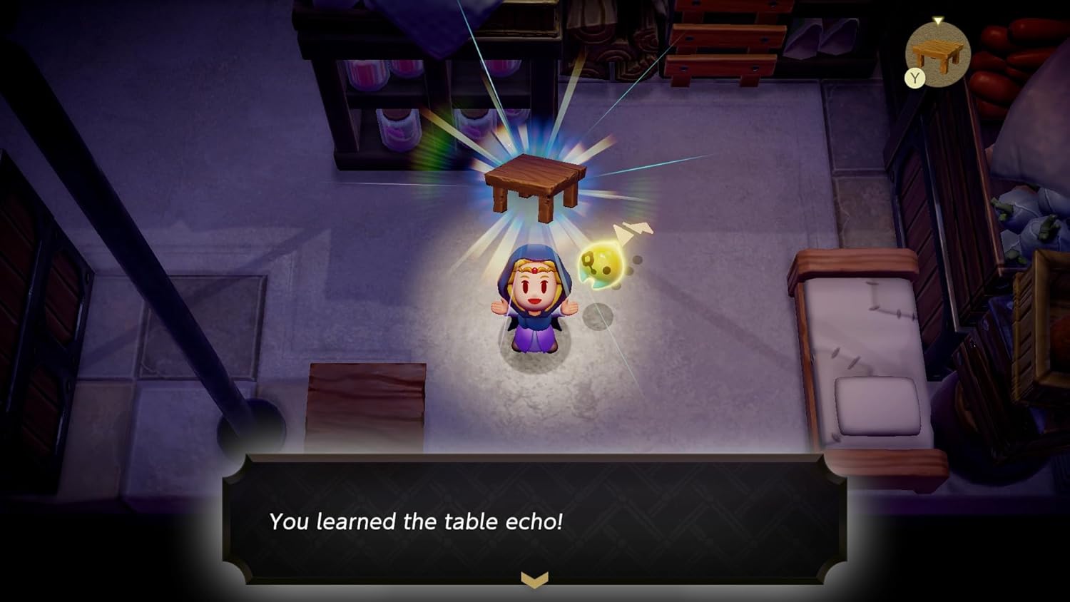 Screenshot from Legend of Zelda Echoes of Wisdom Switch showing character learning the table echo ability indoors