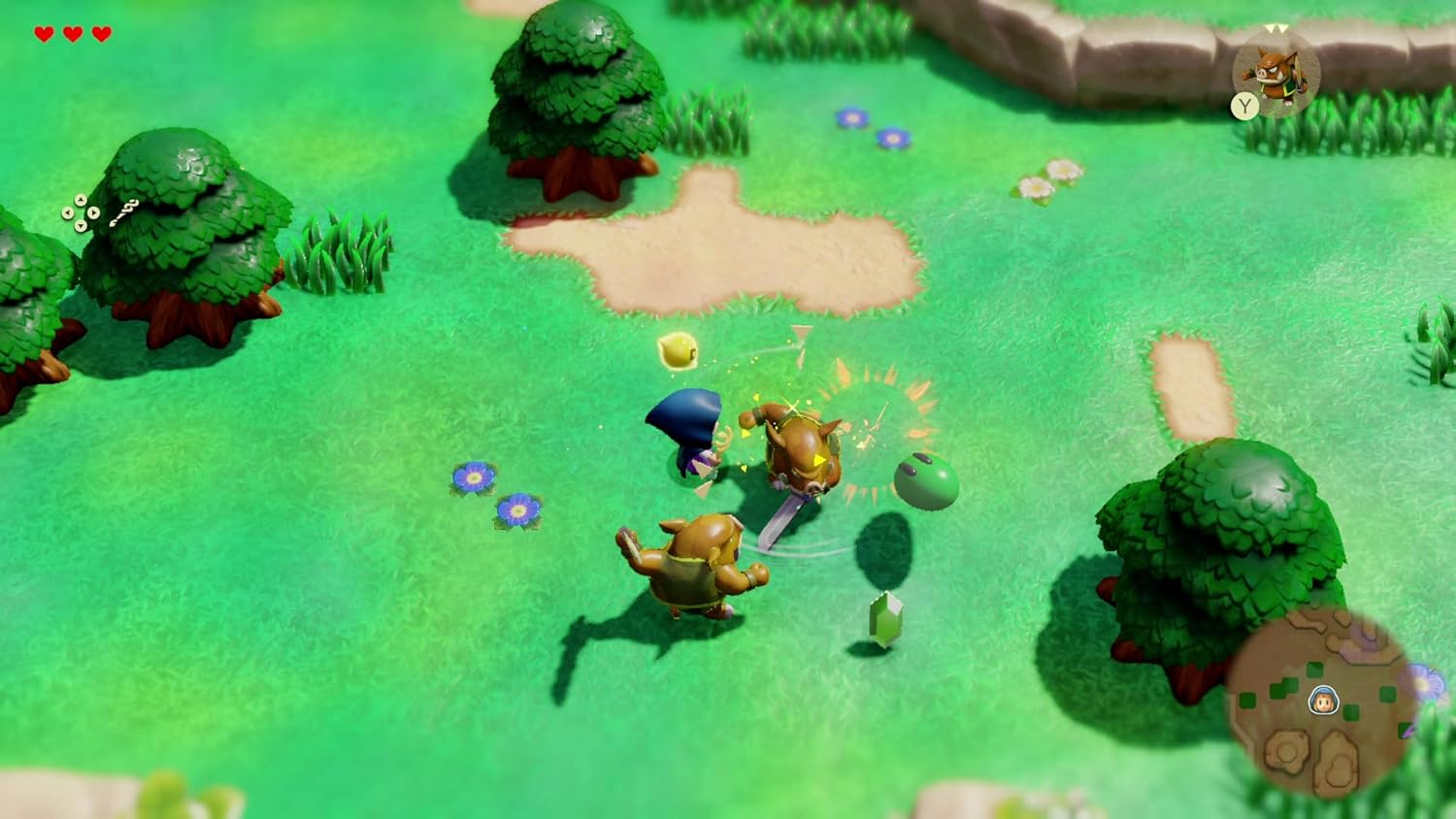 Gameplay scene from Legend of Zelda Echoes of Wisdom Switch showing characters battling in a green forest area