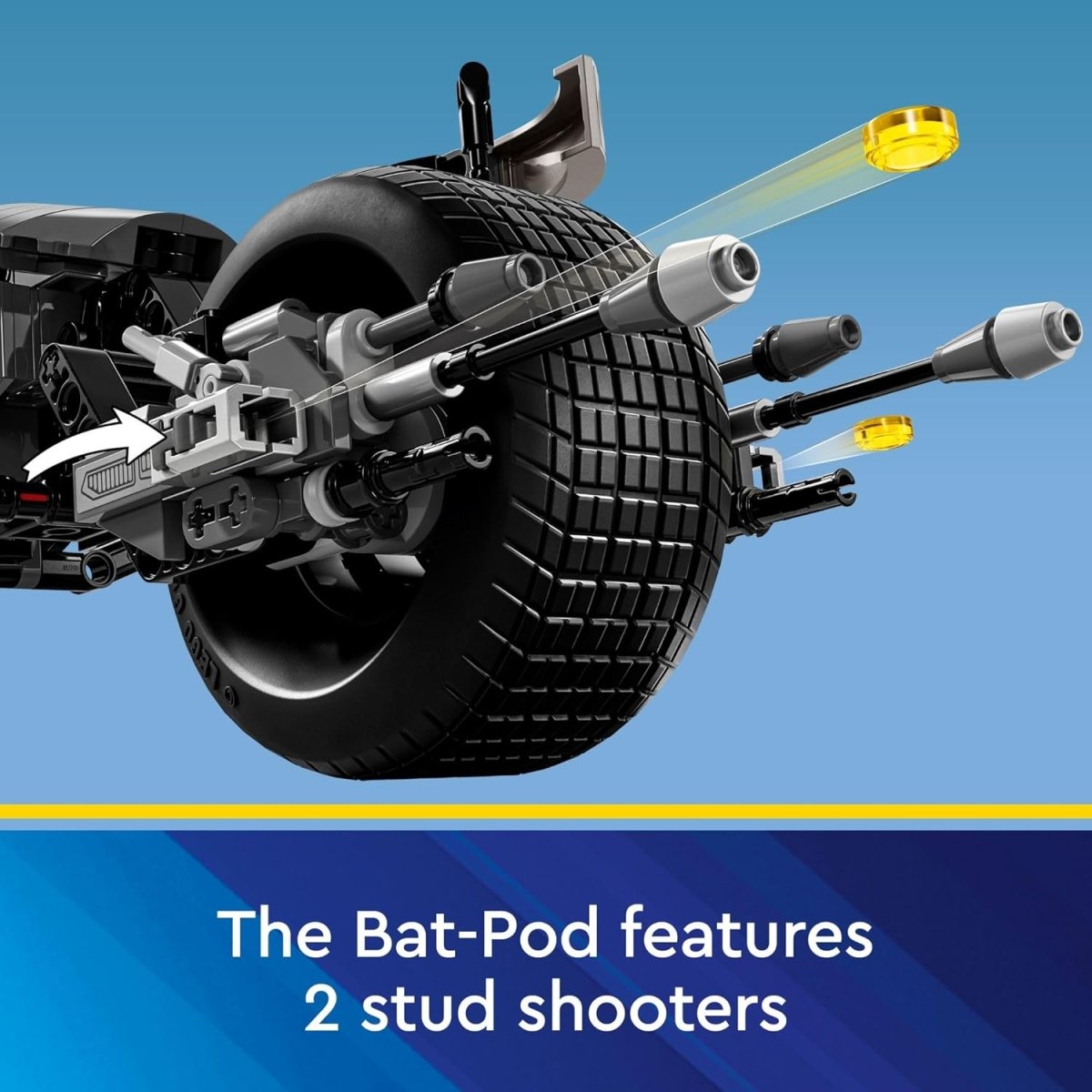 Close-up of LEGO Batman Bat-Pod bike set rear tire with dual stud shooters and weapon details