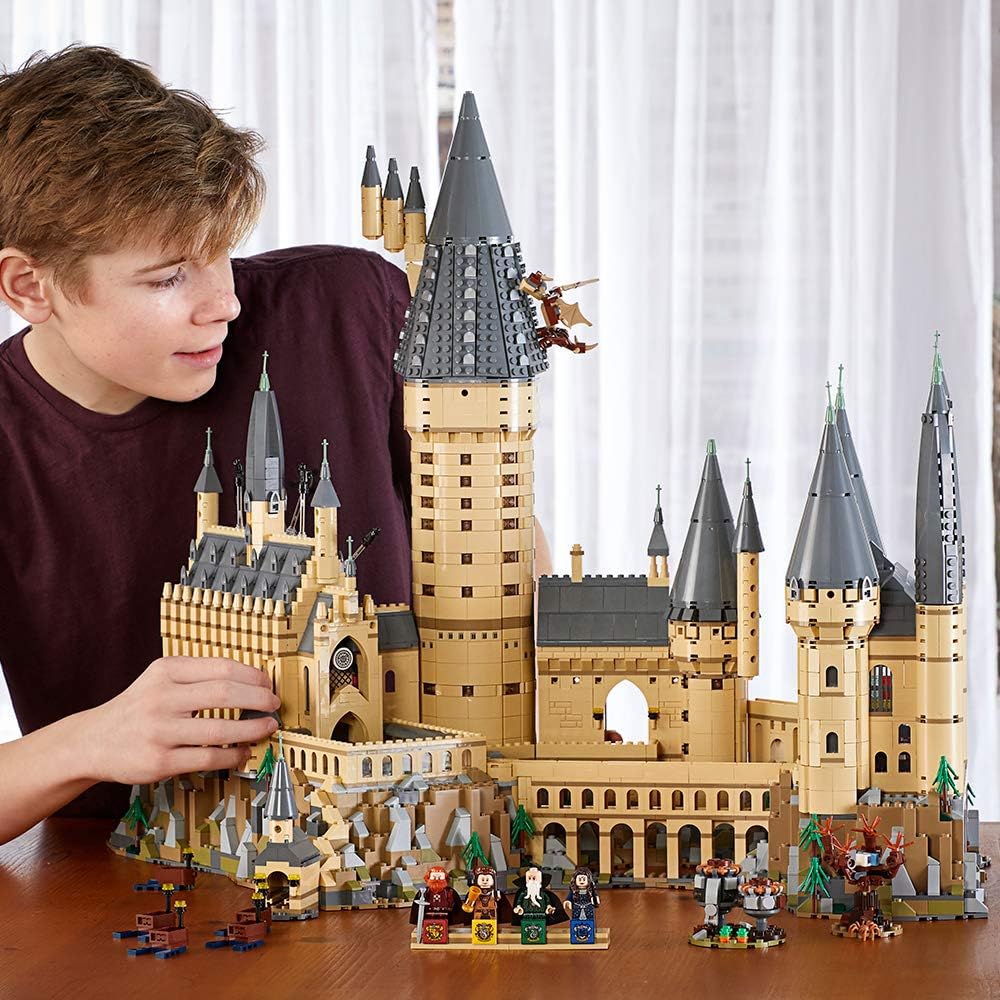 Boy building detailed LEGO Harry Potter Hogwarts Castle set with character minifigures and towers