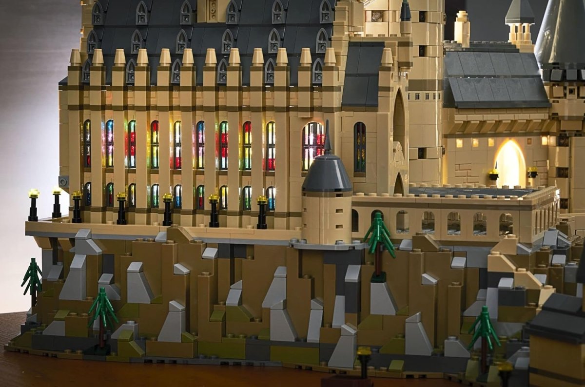 Detailed view of the LEGO Harry Potter Hogwarts Castle set showcasing the castle walls and stained glass windows