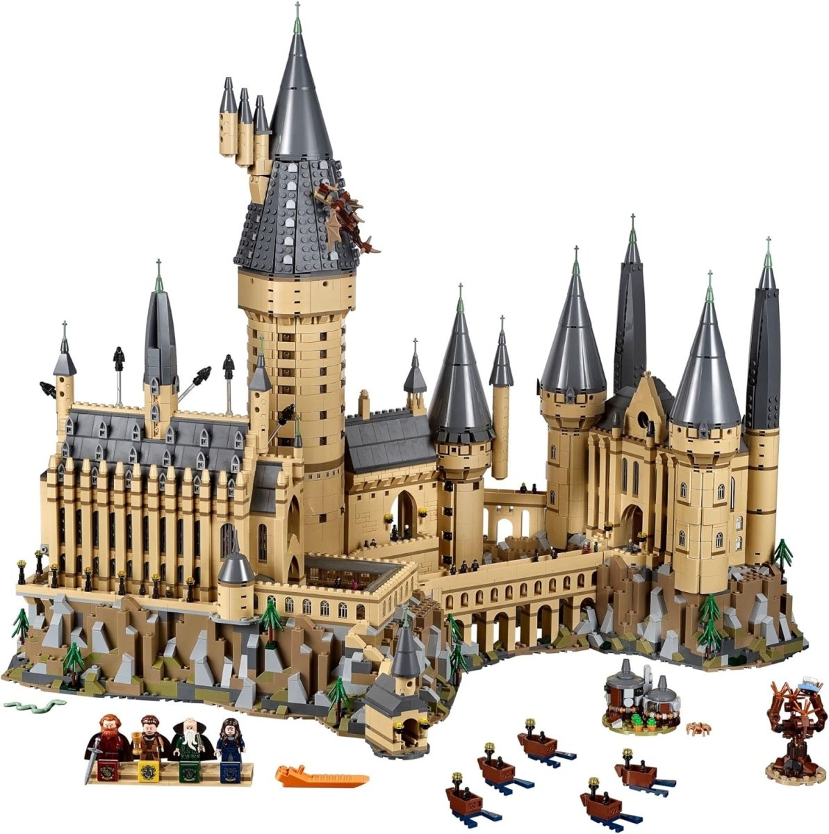 Detailed LEGO Harry Potter Hogwarts Castle set with minifigures and various accessories displayed