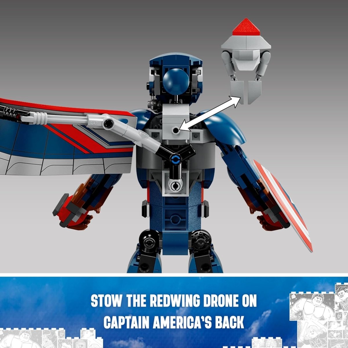 LEGO Marvel Captain America figure with Redwing drone attached to the back showing stow feature