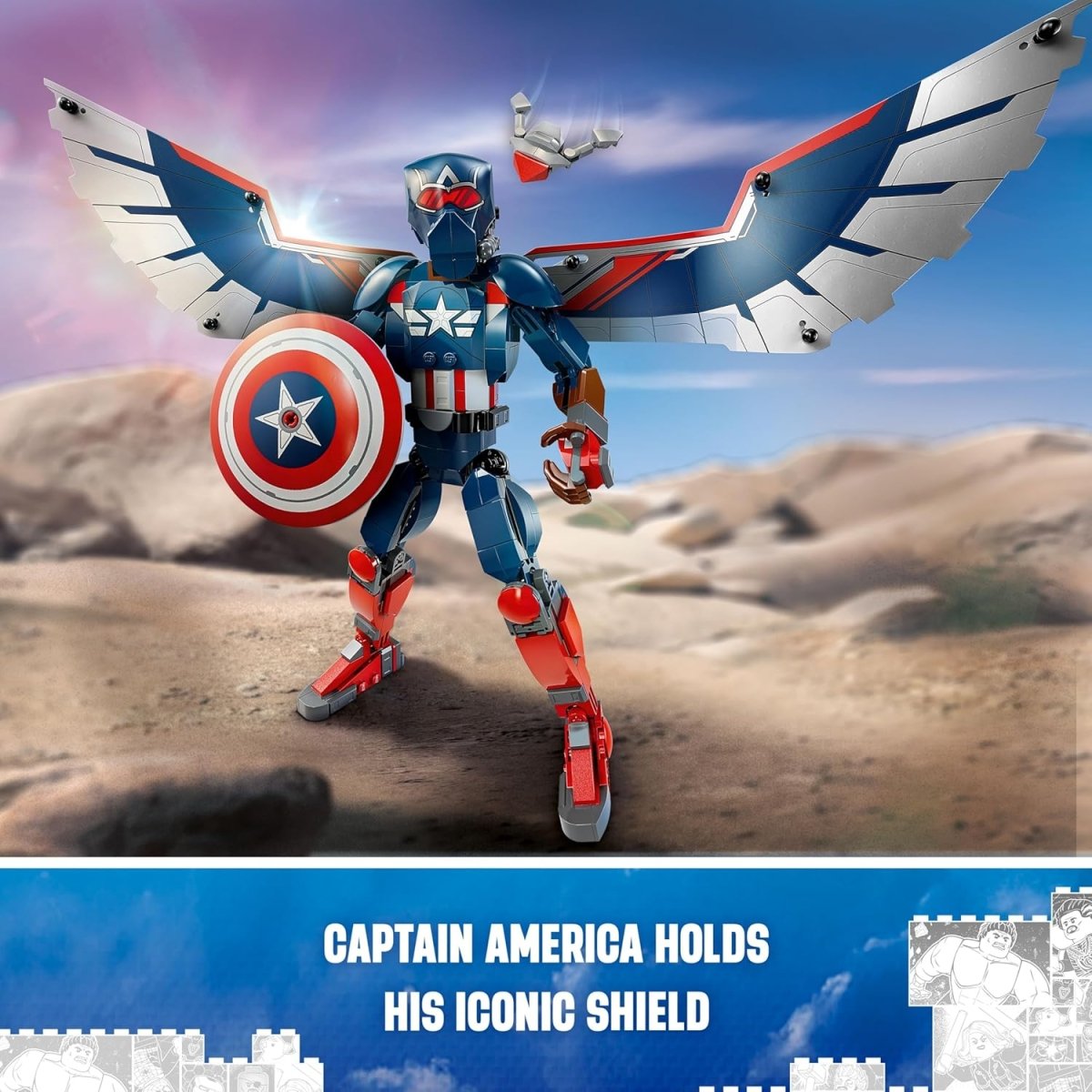 LEGO Marvel Captain America figure with large mechanical wings holding iconic shield in desert background