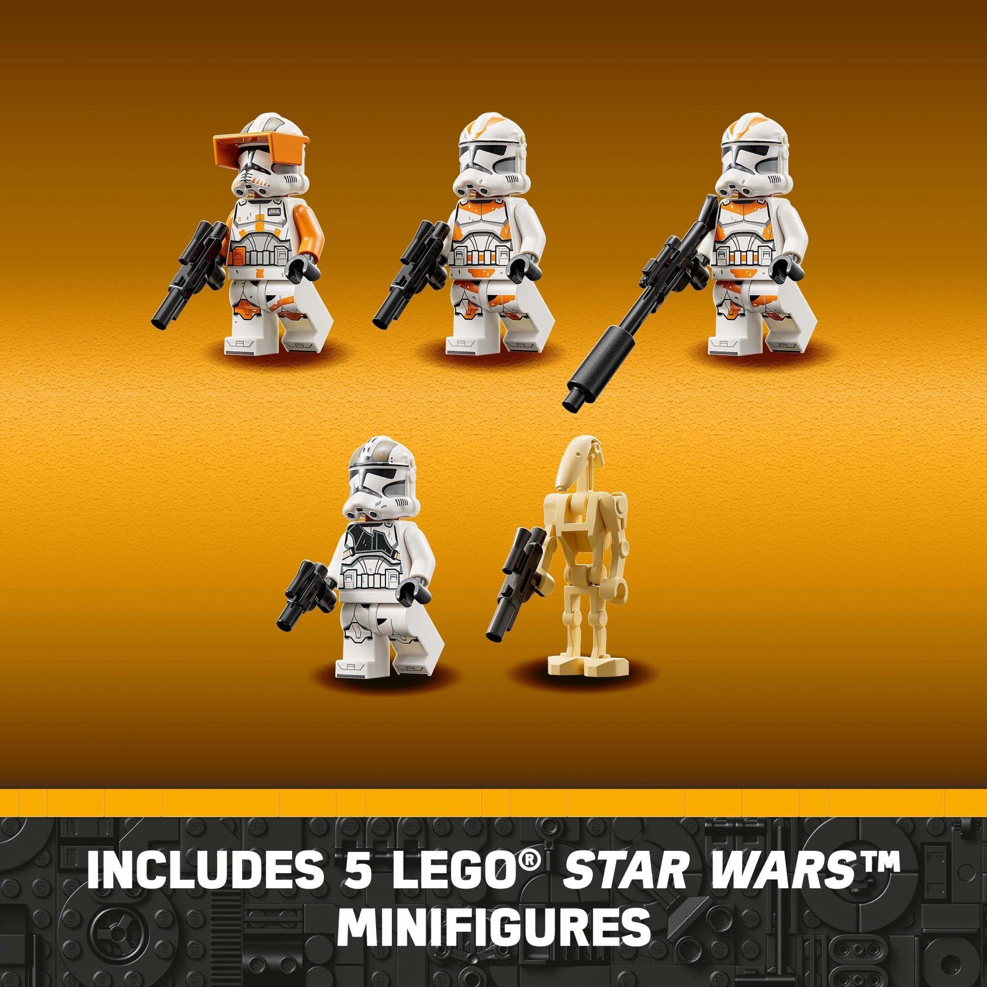 Five LEGO Star Wars minifigures from the LEGO Star Wars AT-TE Walker set with detailed armor and weapons