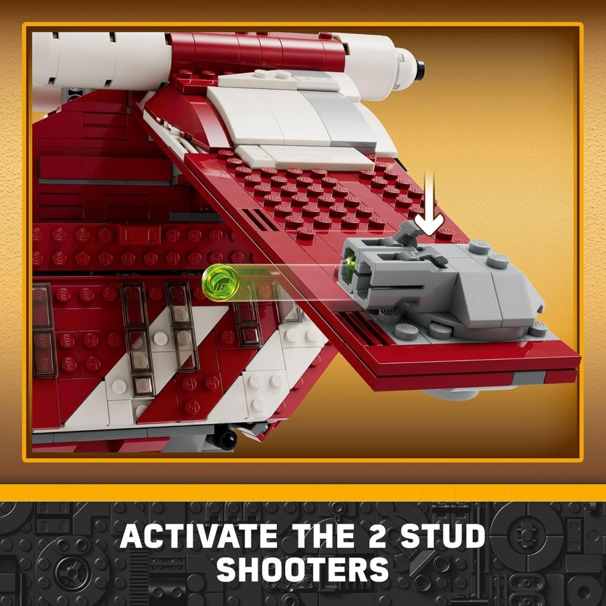 Close-up of LEGO Star Wars Coruscant Guard Gunship showing red and white wing with activated 2 stud shooters
