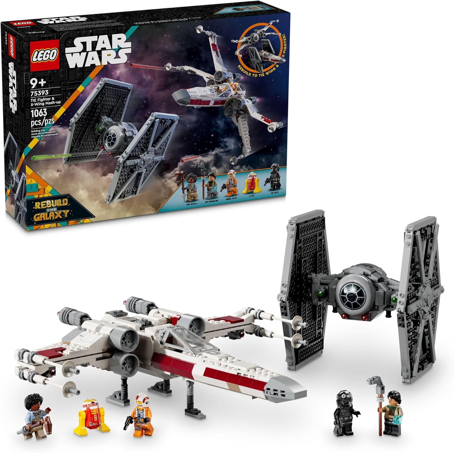LEGO Star Wars mash-up set featuring detailed X-Wing and TIE Fighter models with minifigures