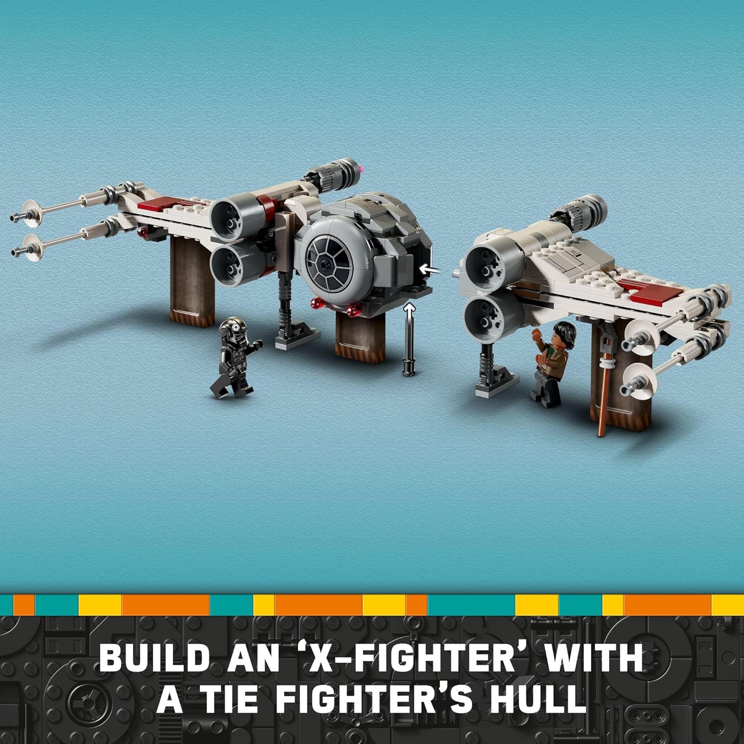 LEGO Star Wars mash-up set featuring a custom X-Fighter built with a TIE Fighter hull and minifigures