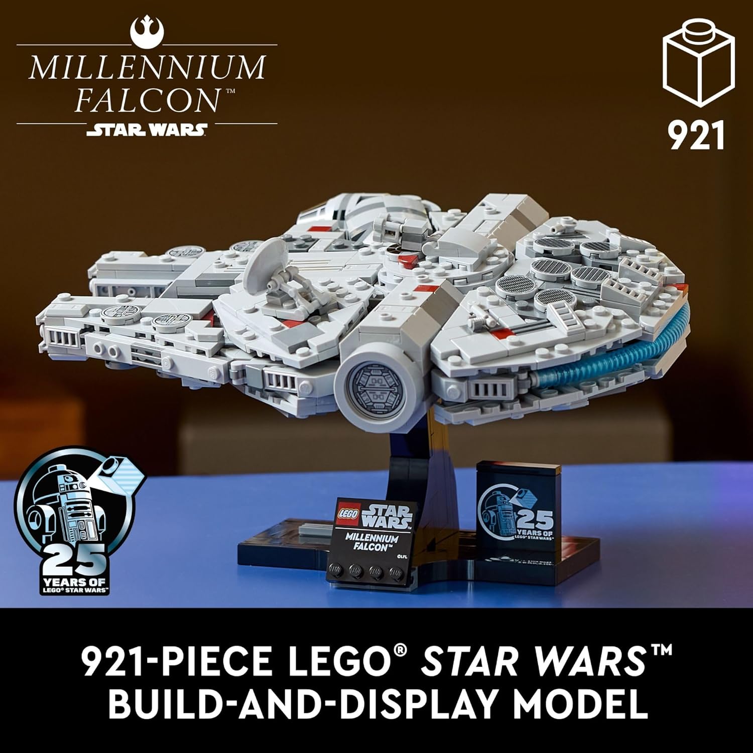 Detailed LEGO Star Wars Millennium Falcon set with 921 pieces displayed on a stand for build and display