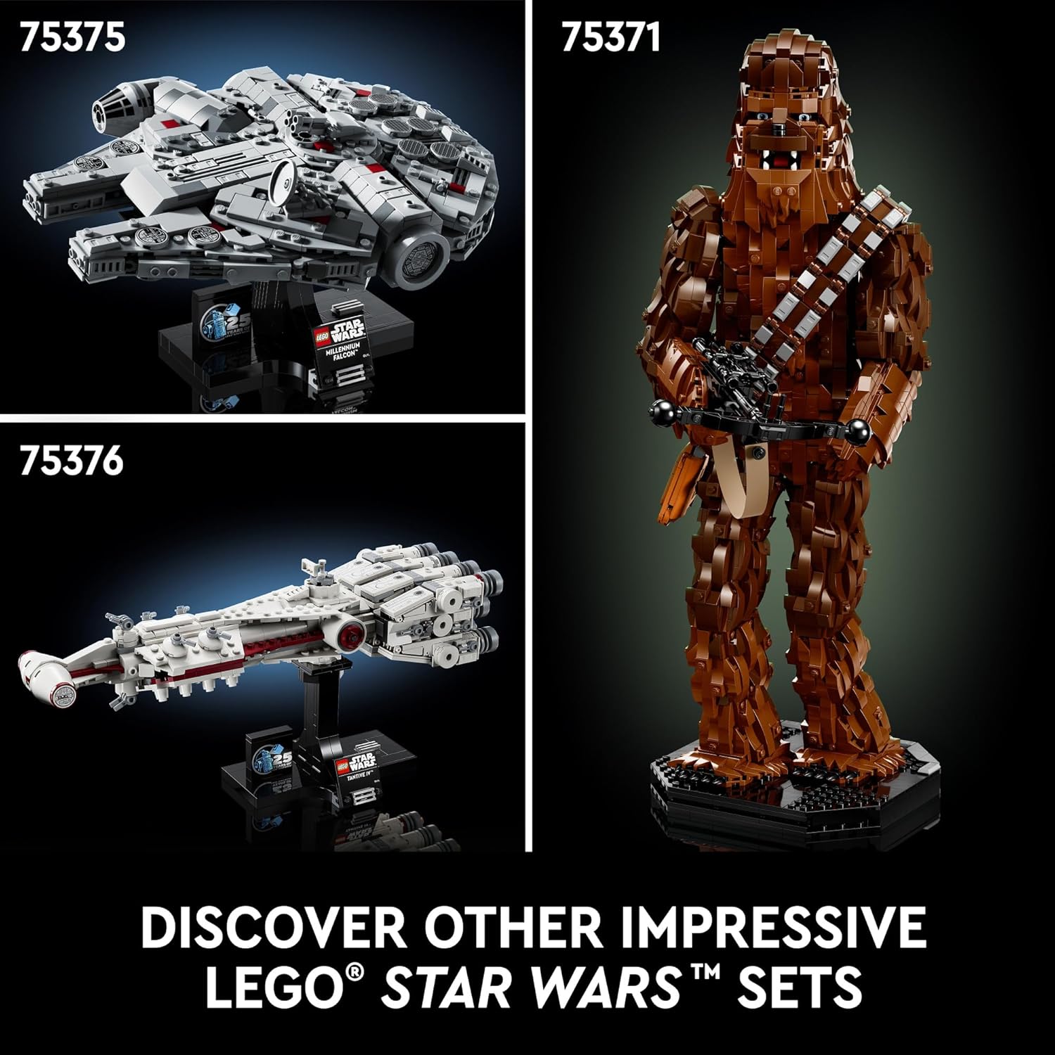 LEGO Star Wars Millennium Falcon set and other detailed LEGO Star Wars model sets displayed on black stands
