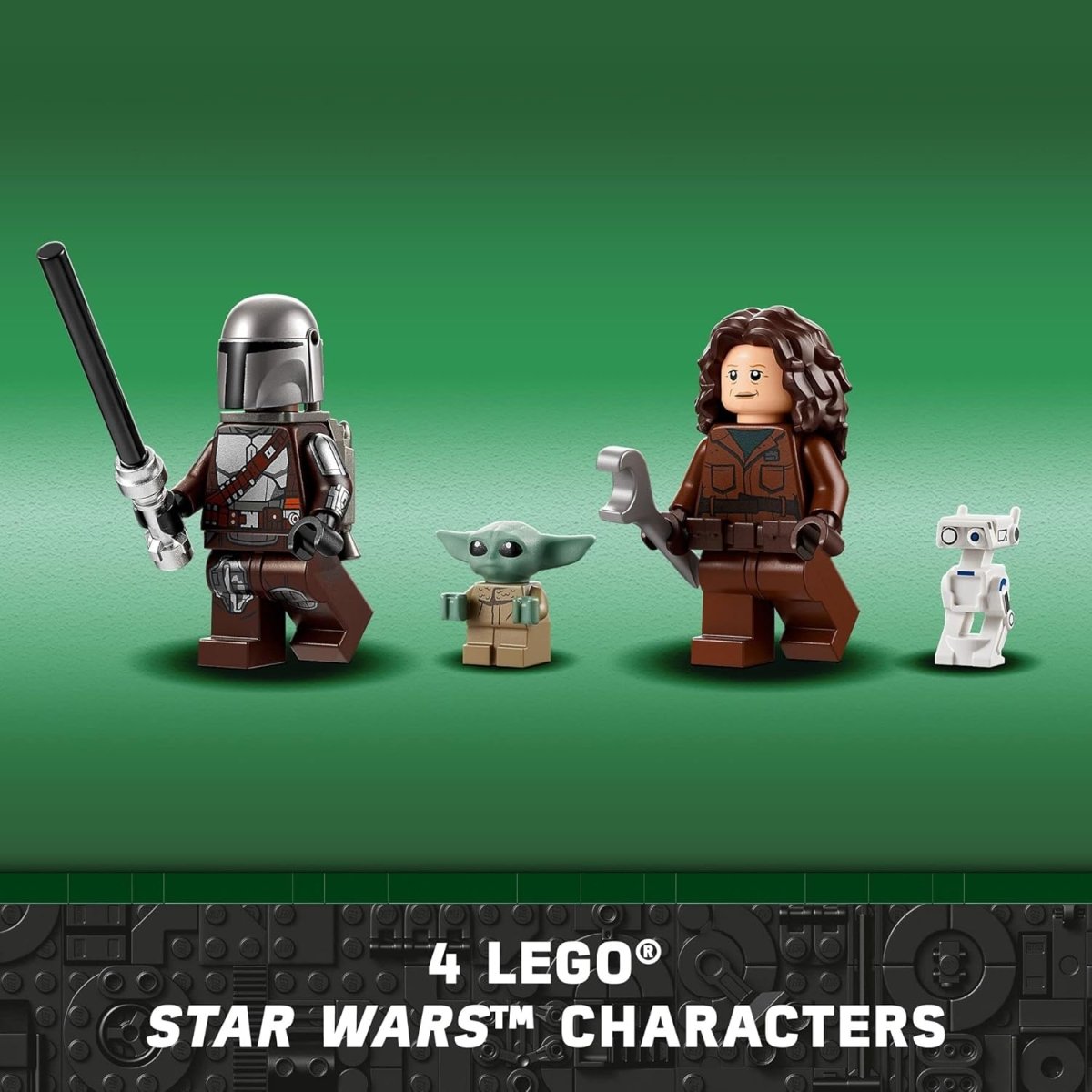 Four LEGO Star Wars characters including The Mandalorian, Grogu, and droid from LEGO Star Wars N-1 Starfighter set
