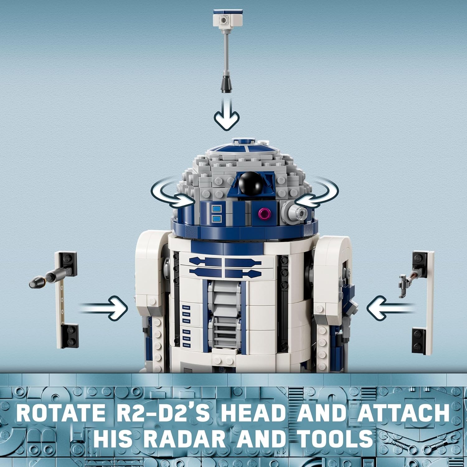 LEGO Star Wars R2-D2 set showing how to rotate the droid's head and attach radar and tools
