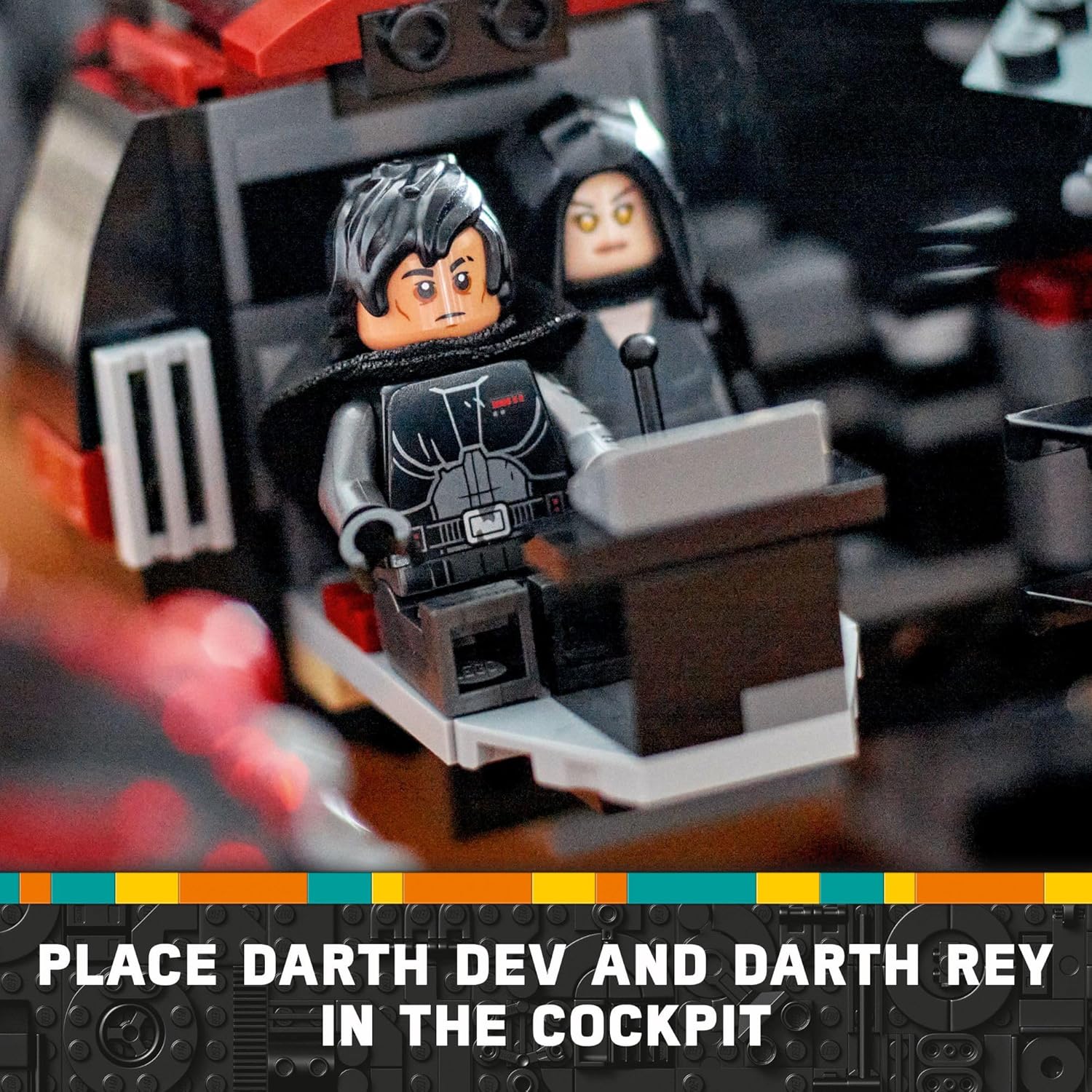 LEGO Star Wars The Dark Falcon set featuring Darth Dev and Darth Rey minifigures in cockpit
