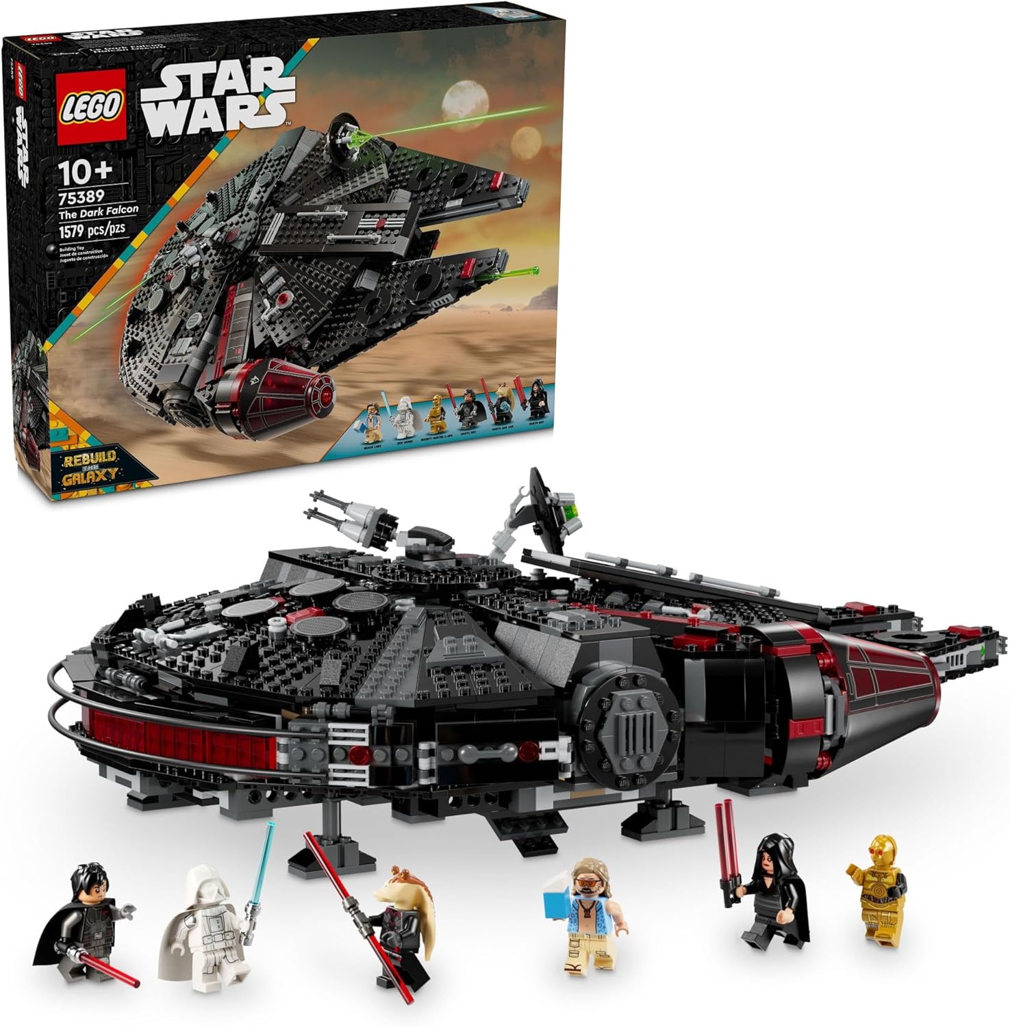LEGO Star Wars The Dark Falcon set with 1579 pieces and six character minifigures including lightsabers