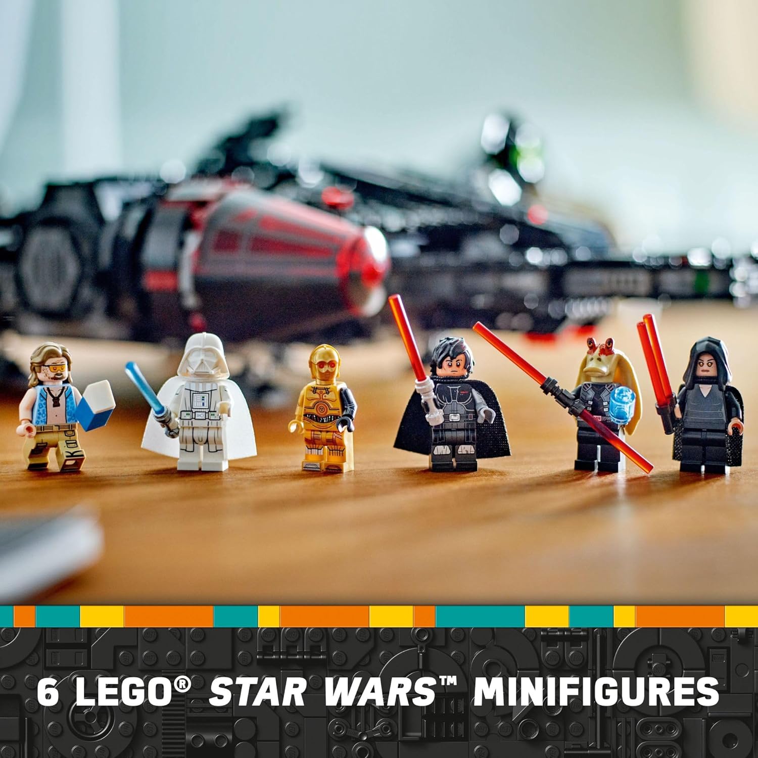 Six LEGO Star Wars minifigures including Sith and Jedi with the LEGO Star Wars The Dark Falcon set ship in background