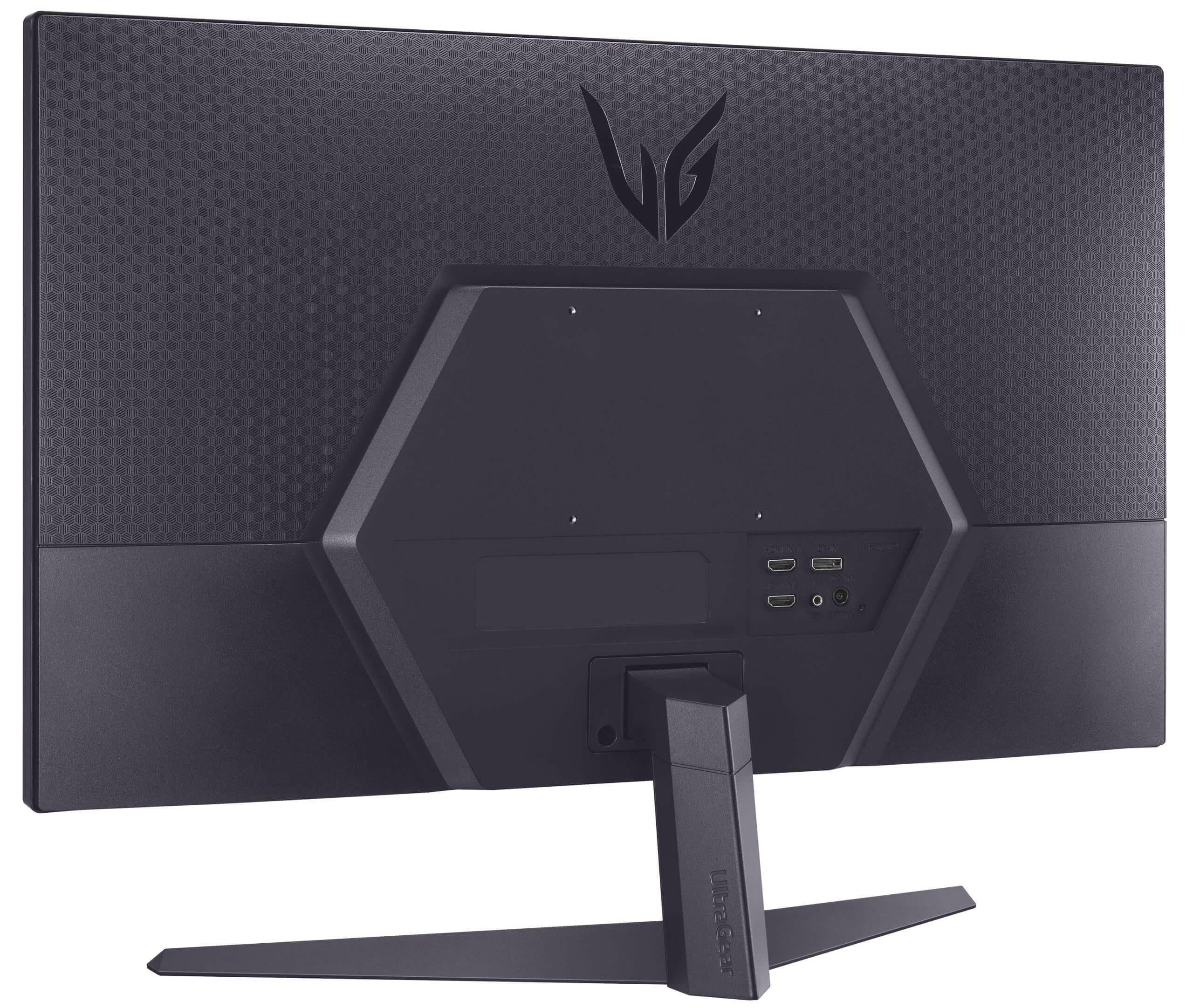 Back view of LG Ultragear 32 inch gaming monitor showing textured design and multiple ports
