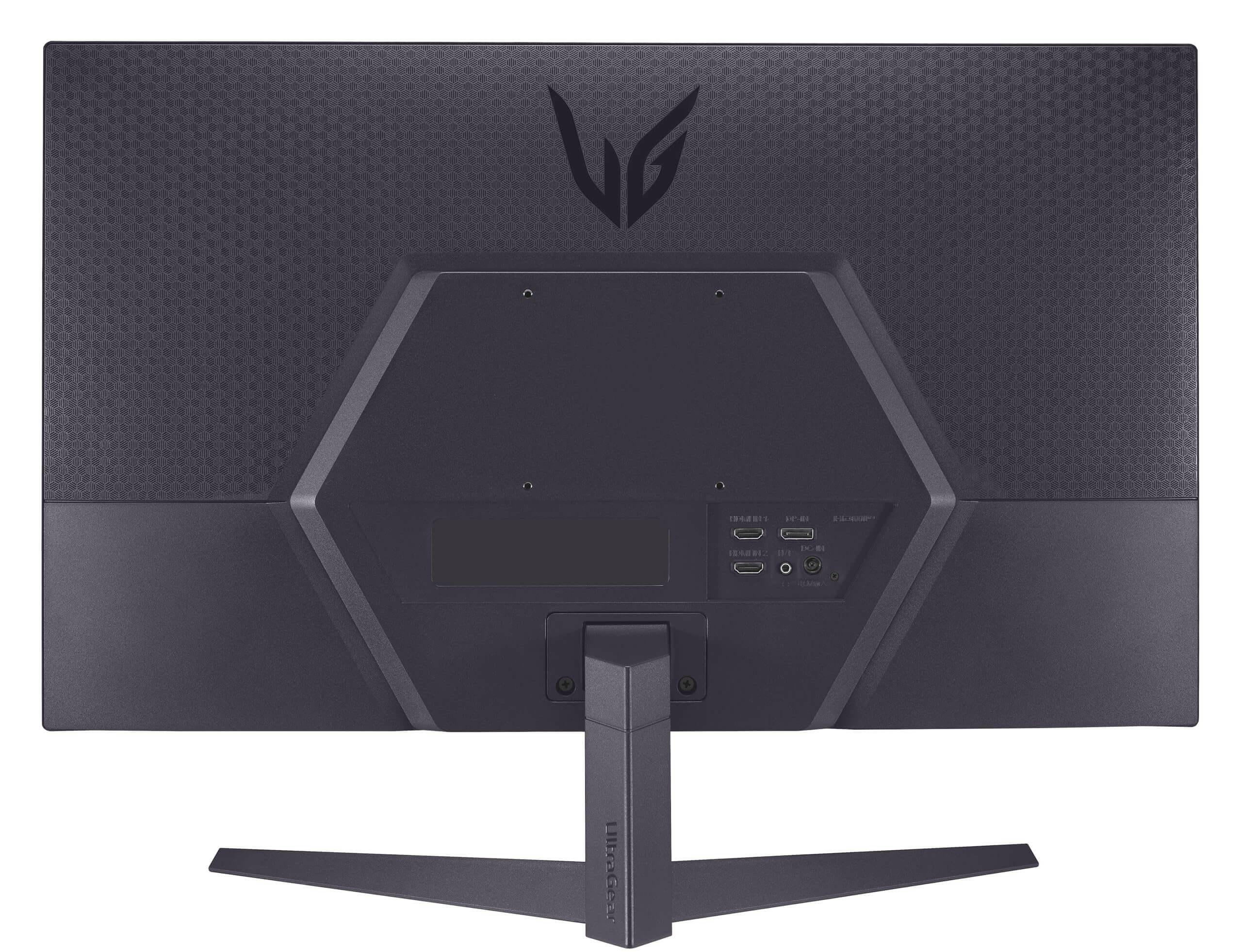 Back view of LG Ultragear 32 inch gaming monitor showing ports and stand