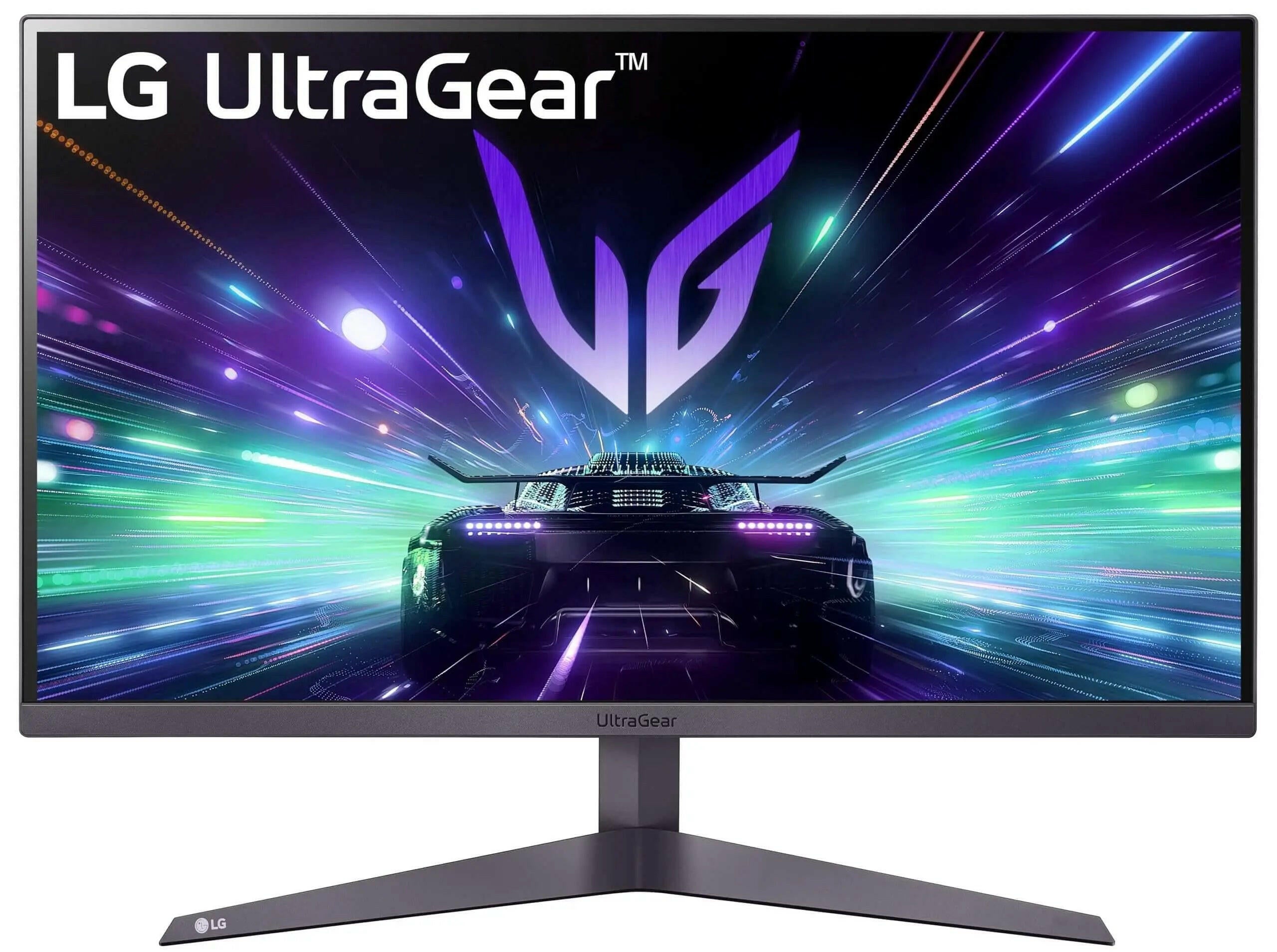 LG Ultragear 32 inch gaming monitor displaying a futuristic racing game with vibrant neon lights