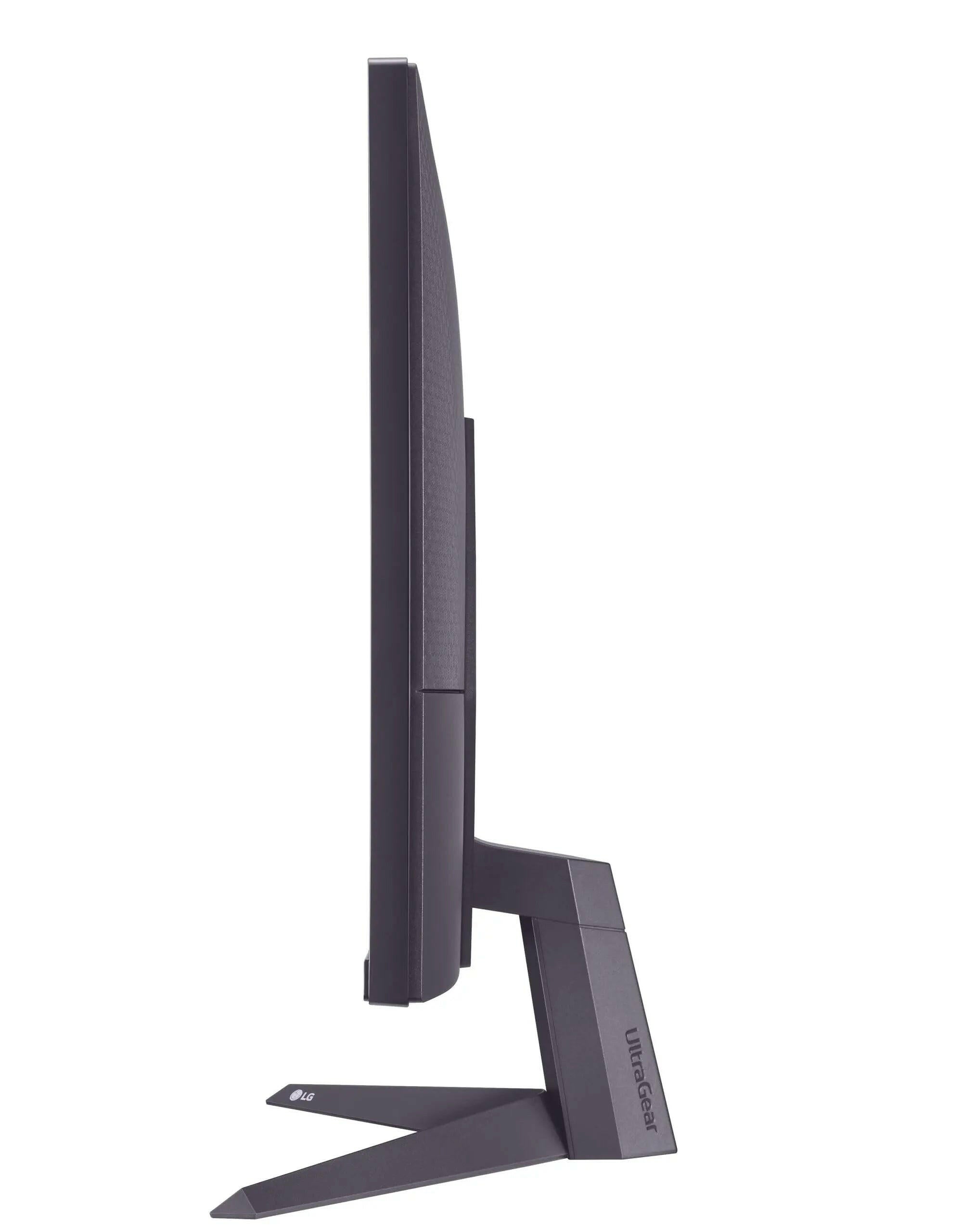 Side view of LG Ultragear 32 inch gaming monitor showing slim profile and stand design
