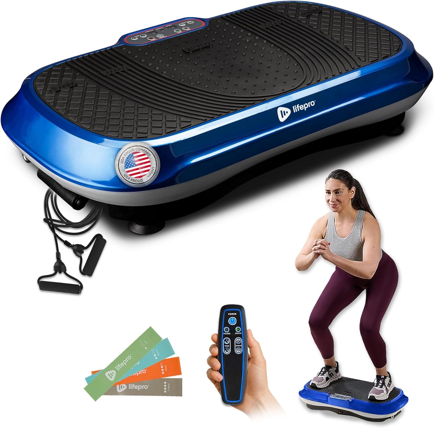 Lifefpro blue vibration plate exercise machine with remote control resistance bands and woman exercising