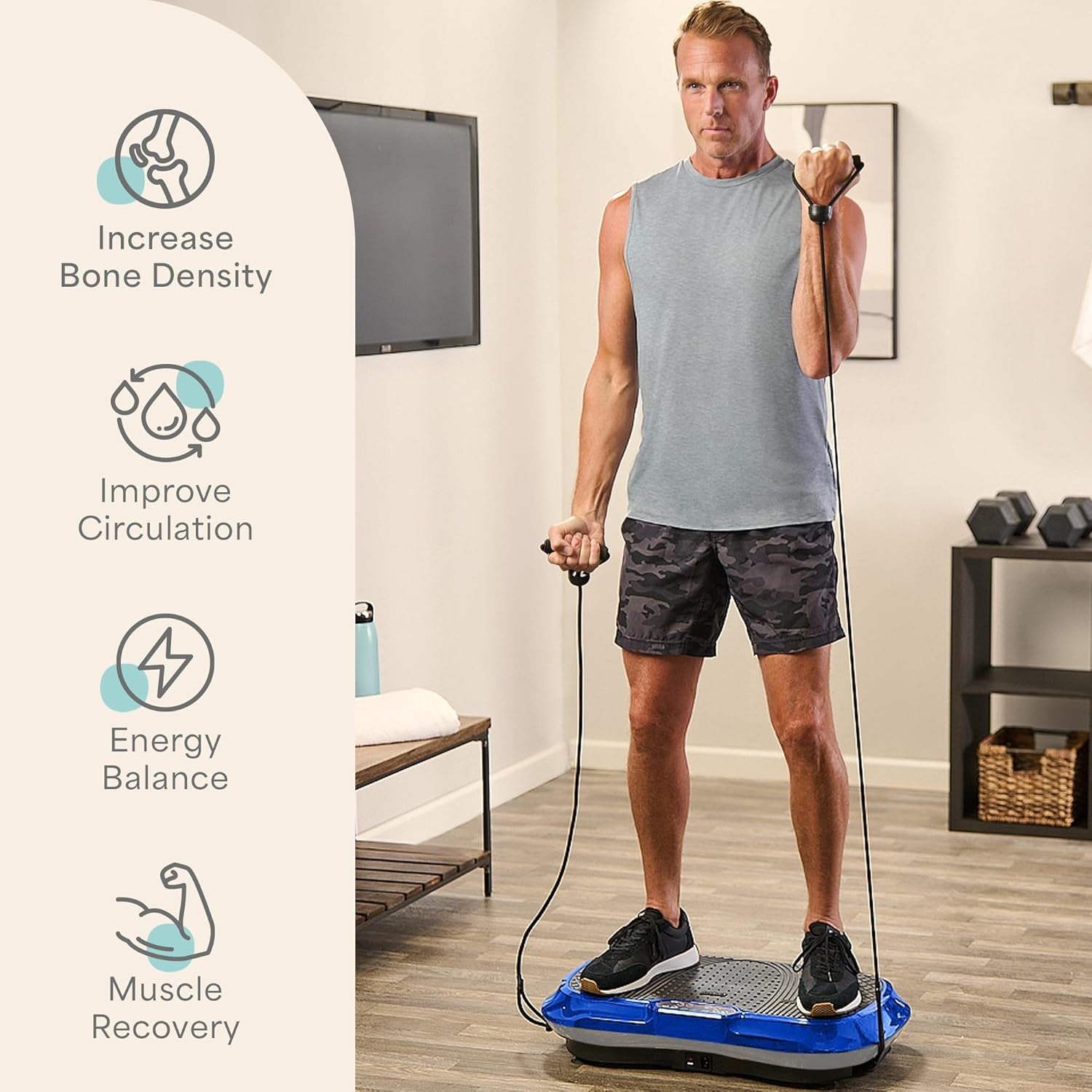 Man using craques vibration plate exercise machine with resistance bands for muscle recovery and improved circulation