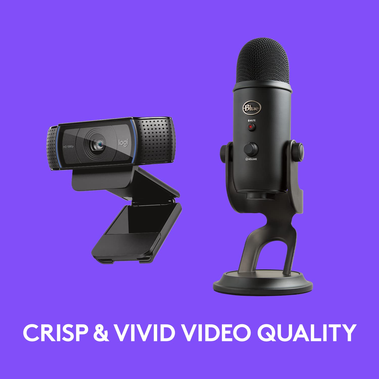 Logitech C920x HD Pro Webcam next to Blue Yeti microphone on purple background for crisp vivid video quality