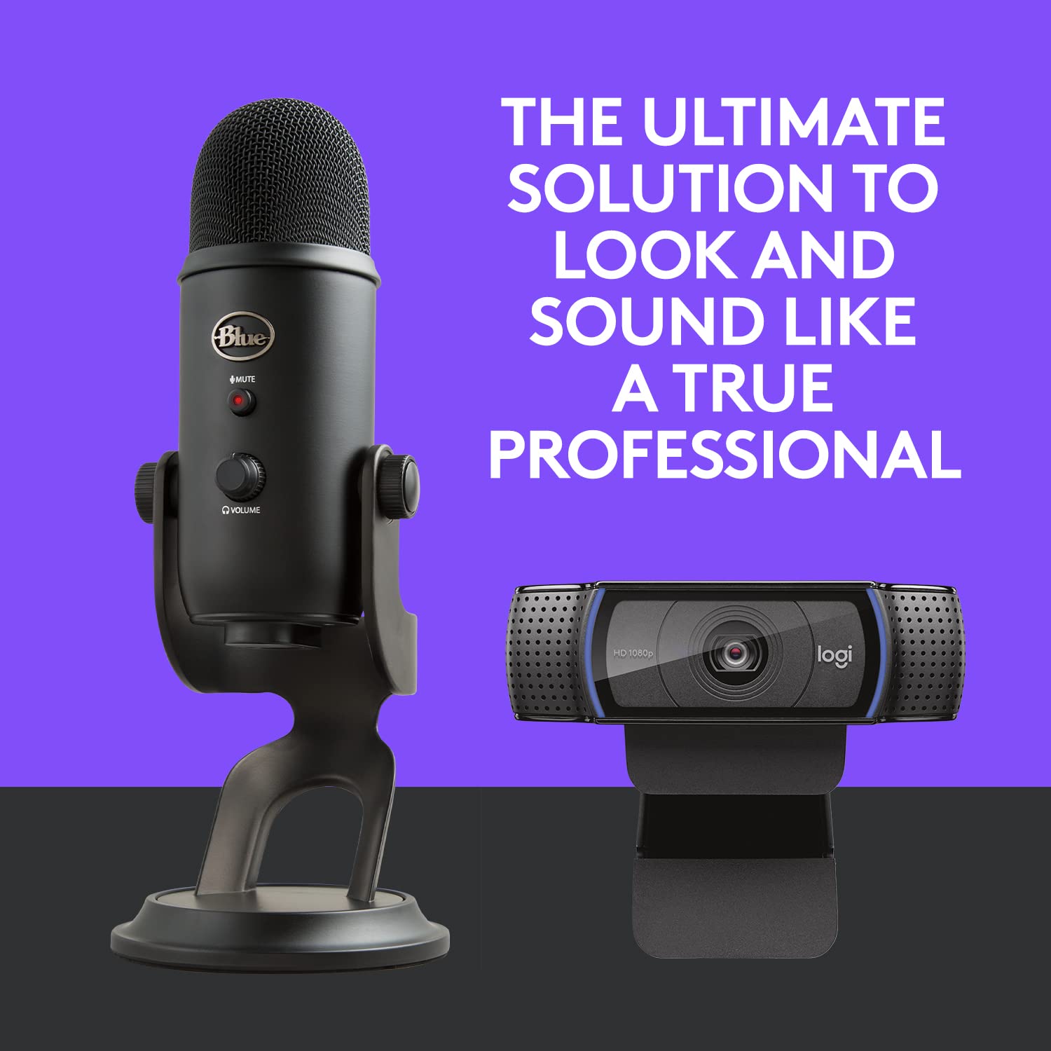 Logitech C920x HD Pro Webcam next to Blue Yeti microphone with professional setup background